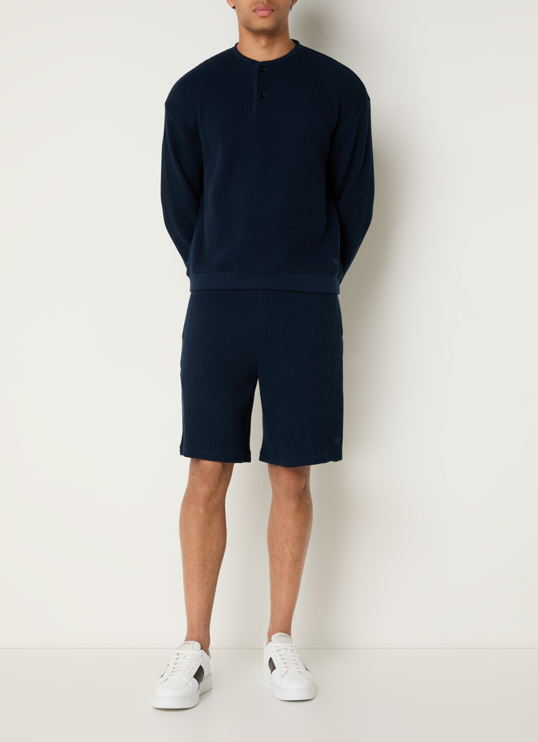 Armani Fijngebreide pullover met structuur - voorkant 2 donkerblauw