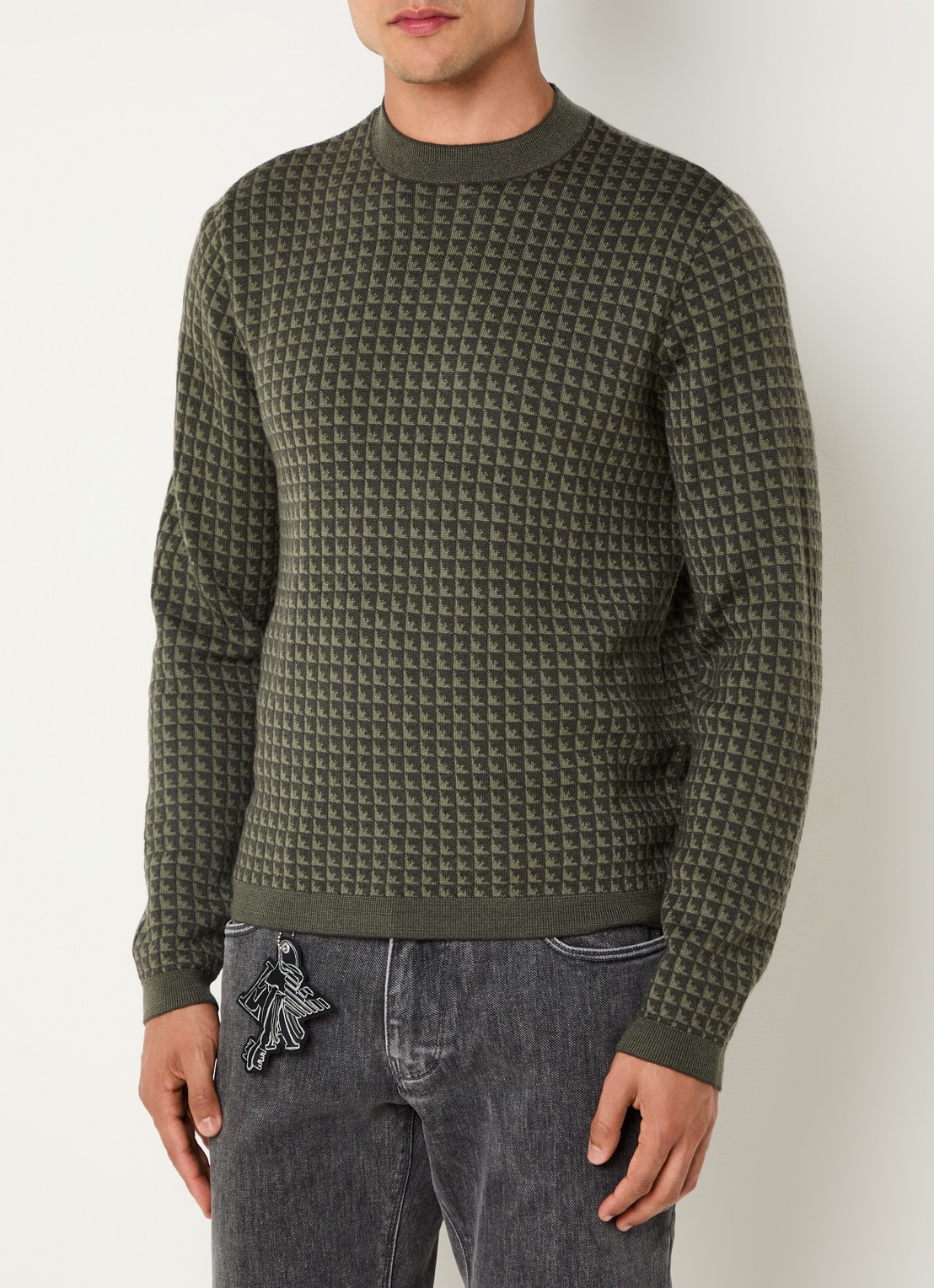 Armani Fijngebreide pullover van scheerwol met ingebreid patroon - detail 3 olijfgroen