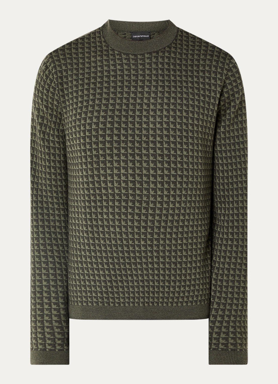 Armani Fijngebreide pullover van scheerwol met ingebreid patroon - voorkant olijfgroen