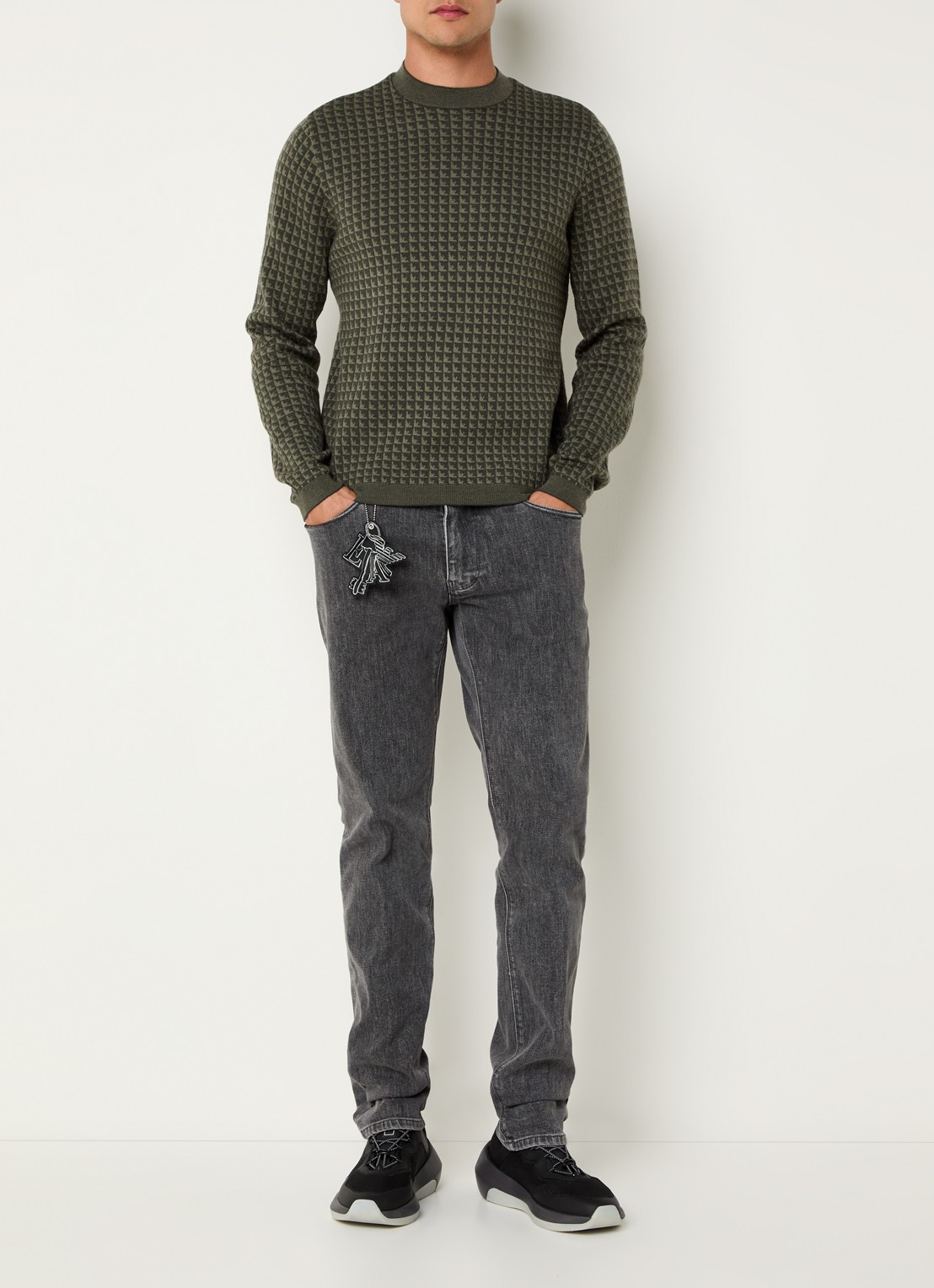 Armani Fijngebreide pullover van scheerwol met ingebreid patroon - voorkant 2 olijfgroen
