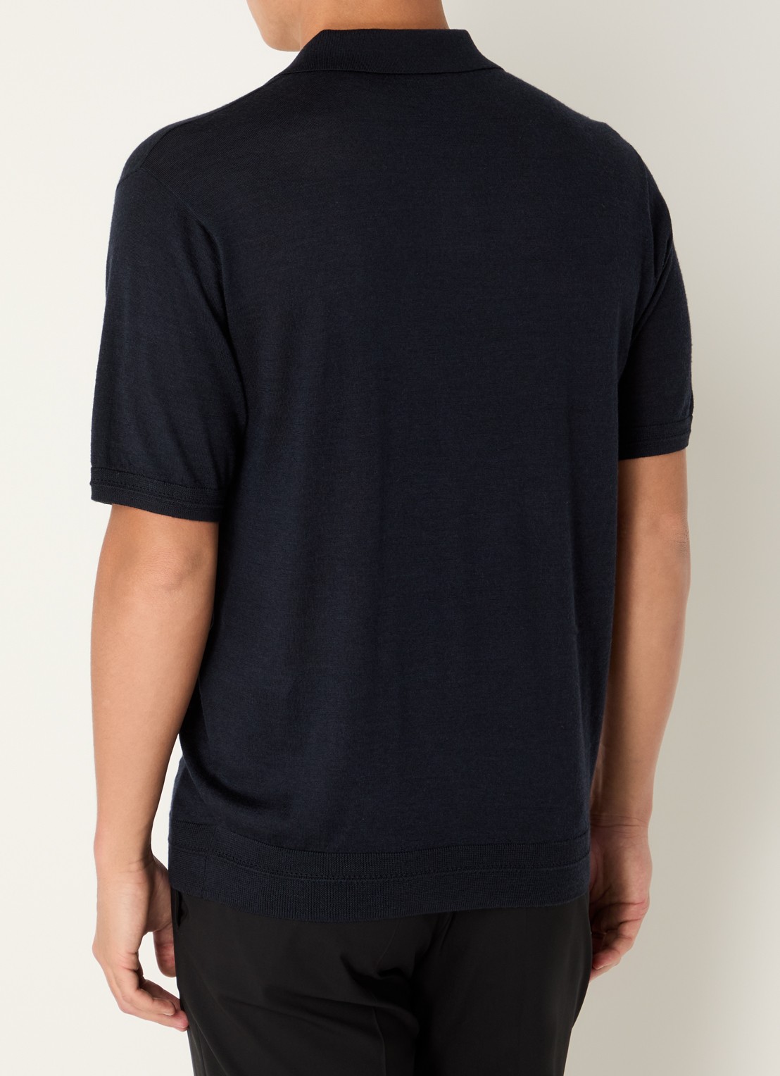 Armani Fijngebreide regular fit polo in zijdeblend - achterkant donkerblauw
