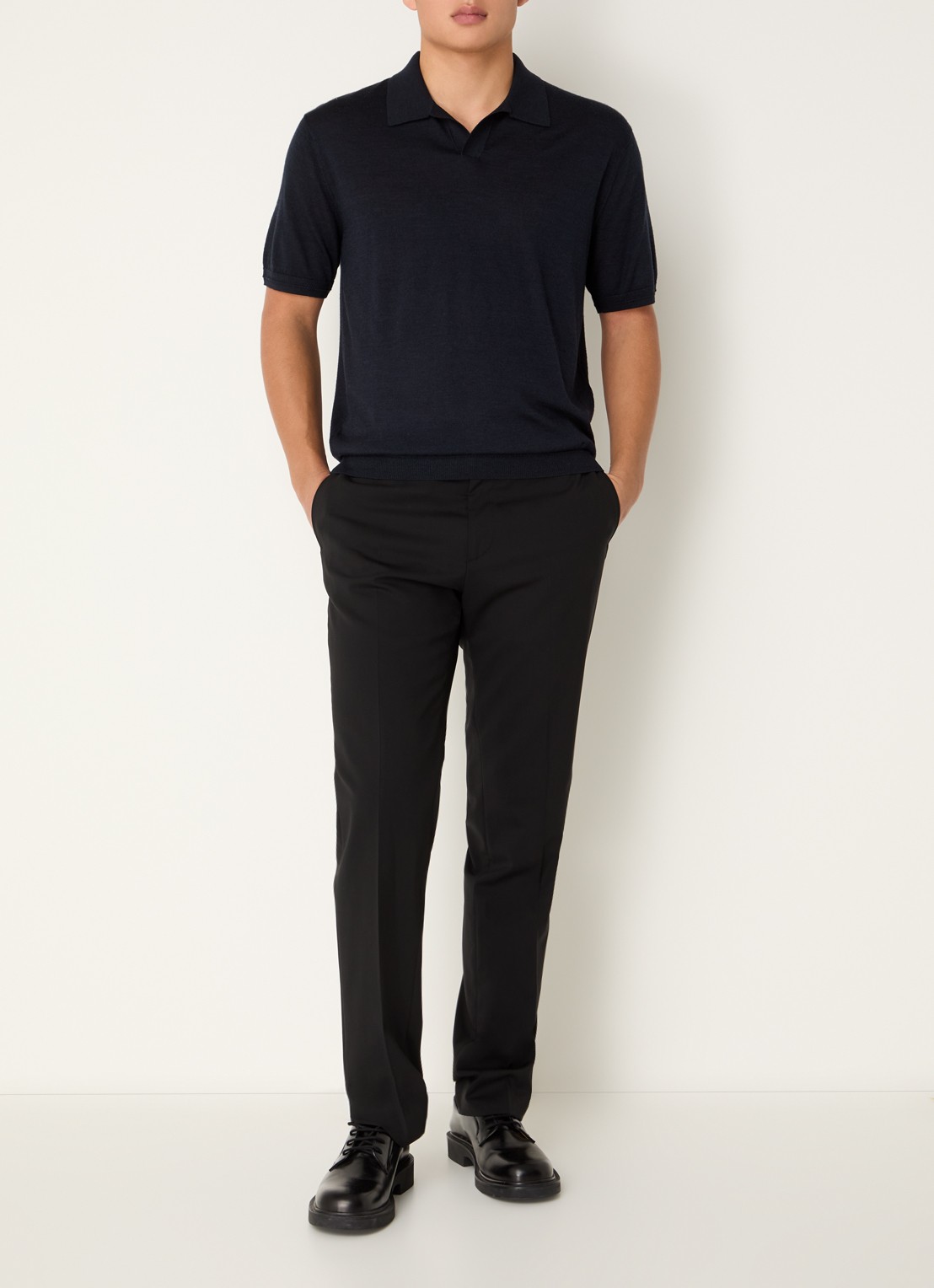 Armani Fijngebreide regular fit polo in zijdeblend - voorkant 4 donkerblauw