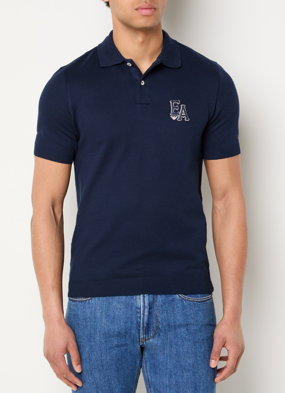 Armani Fijngebreide regular fit polo - detail 4 donkerblauw