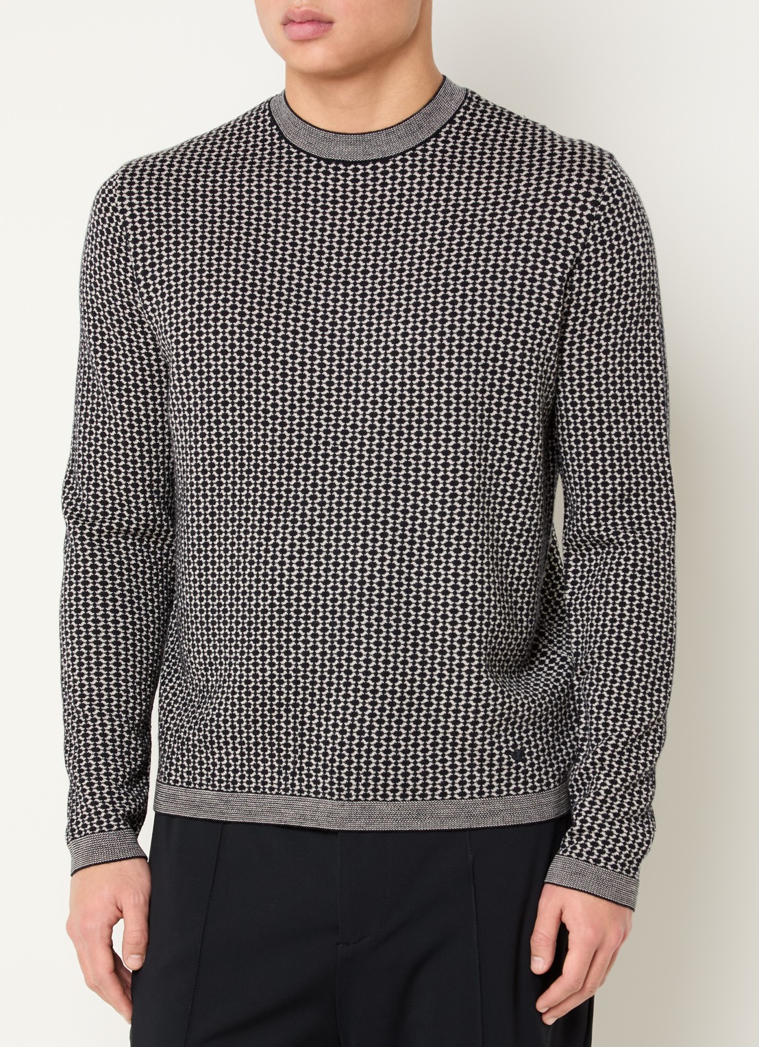 Armani Fijngebreide trui in scheerwolblend met ingebreid patroon - detail donkerblauw