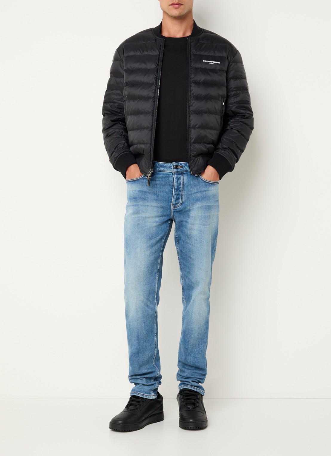 Armani Gewatteerd bomberjack met donsvulling en flockprint - voorkant 4 zwart