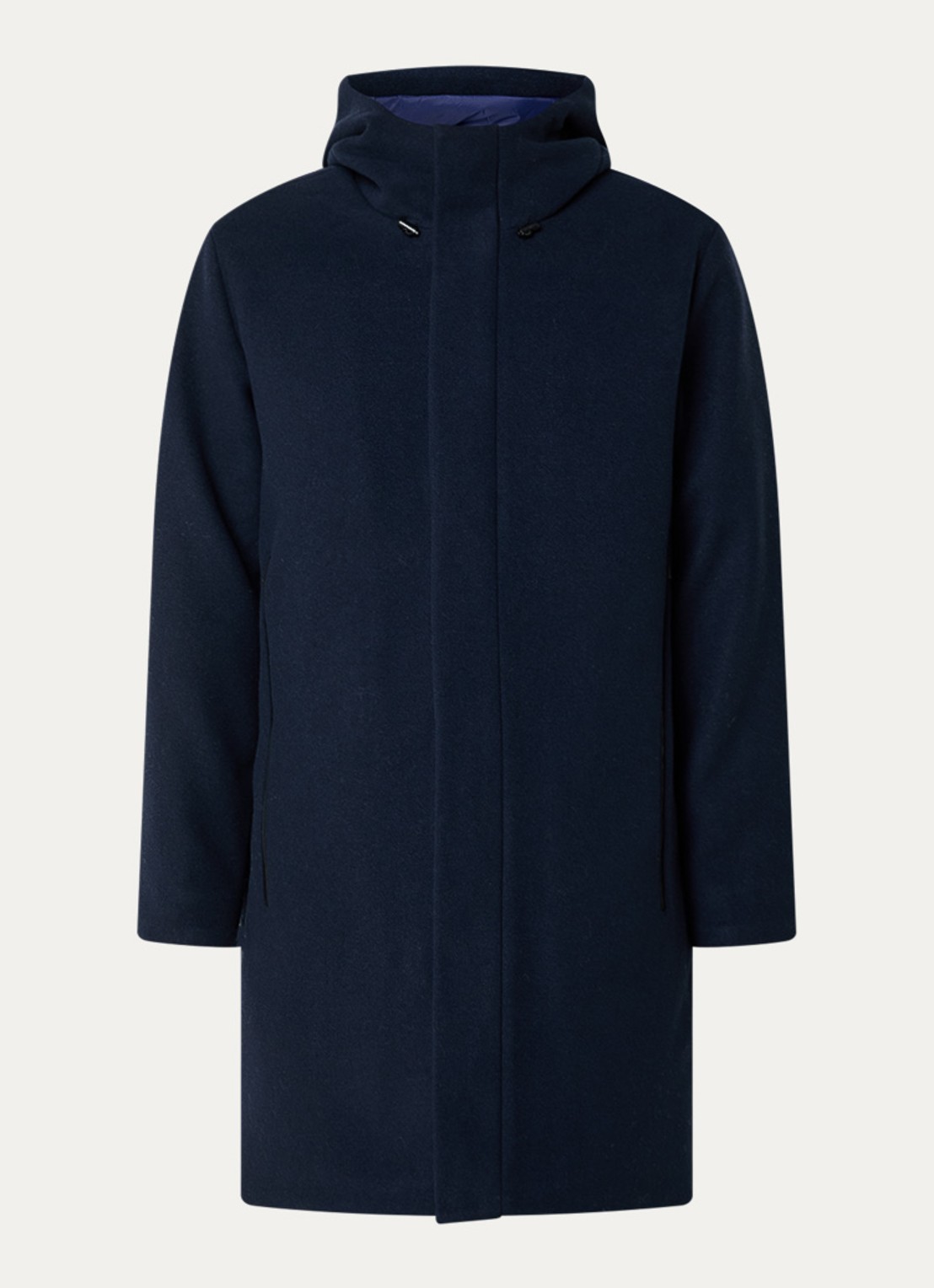 Armani Gewatteerde mantel in wolblend met capuchon - voorkant donkerblauw