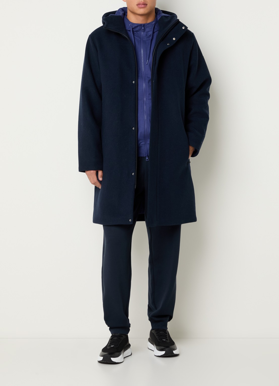 Armani Gewatteerde mantel in wolblend met capuchon - voorkant 2 donkerblauw