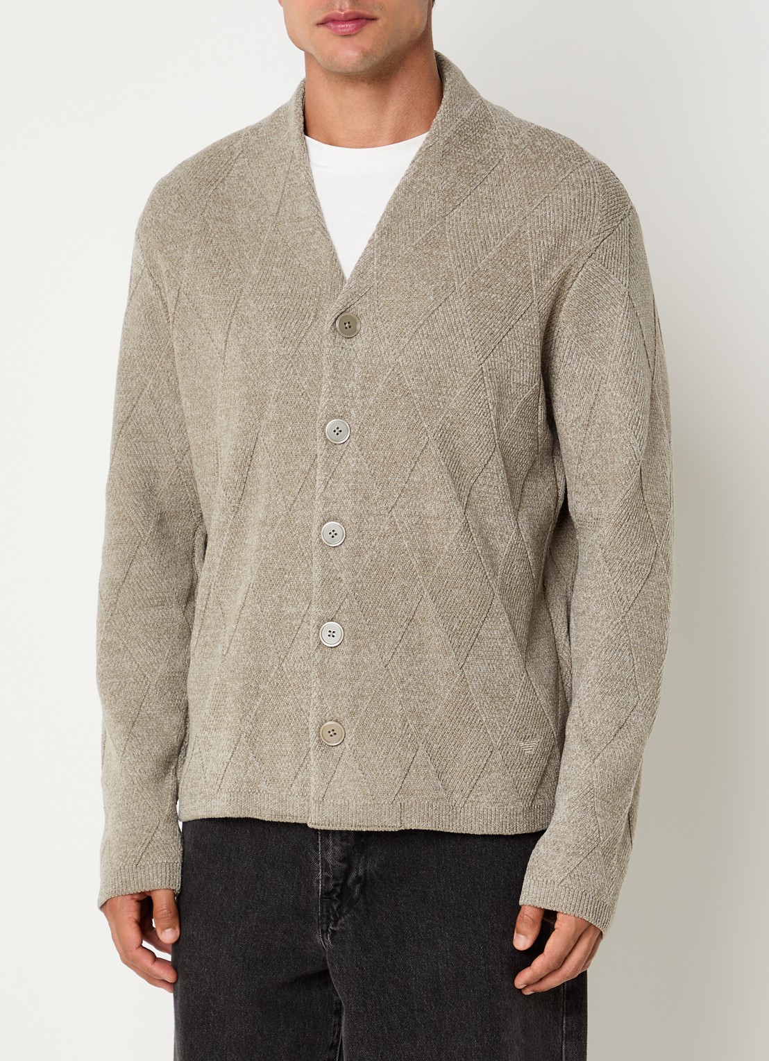 Armani Grofgebreid vest in wolblend met V-hals - detail lindegroen