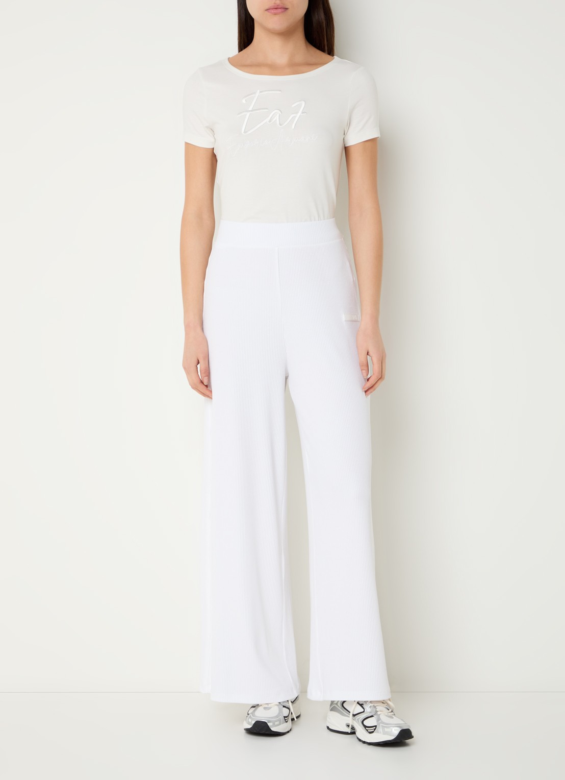 Armani High waist wide fit broek met ribstructuur en logo - voorkant 4 wit