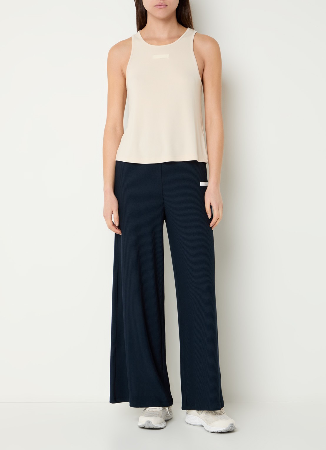 Armani High waist wide fit broek met ribstructuur en logo - voorkant 4 donkerblauw