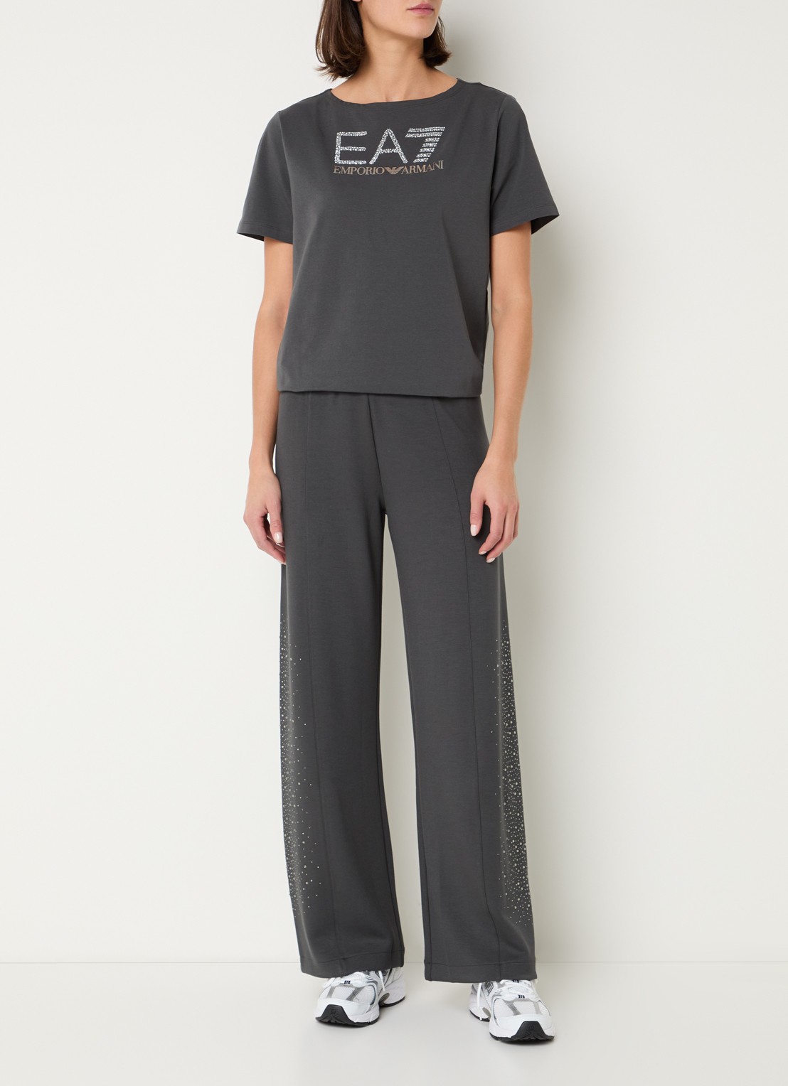Armani High waist wide fit joggingbroek met strass - voorkant 3 donkergrijs