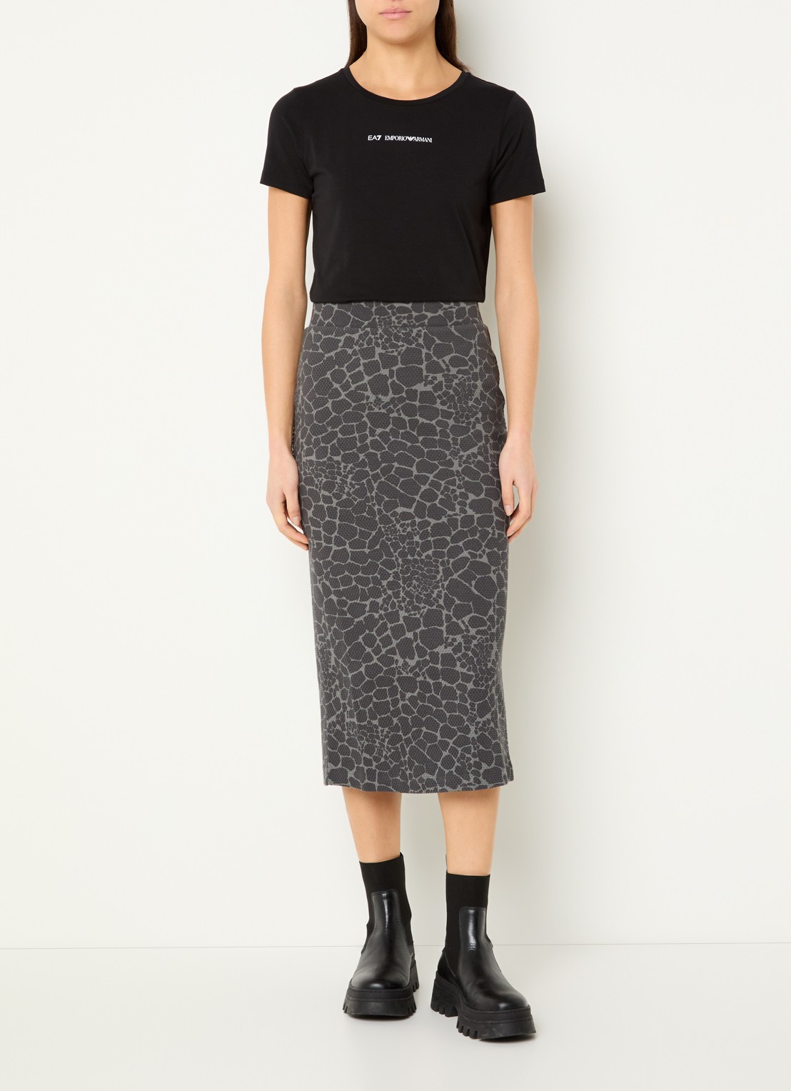Armani Midi rok met dierenprint en split - voorkant 2 middengrijs