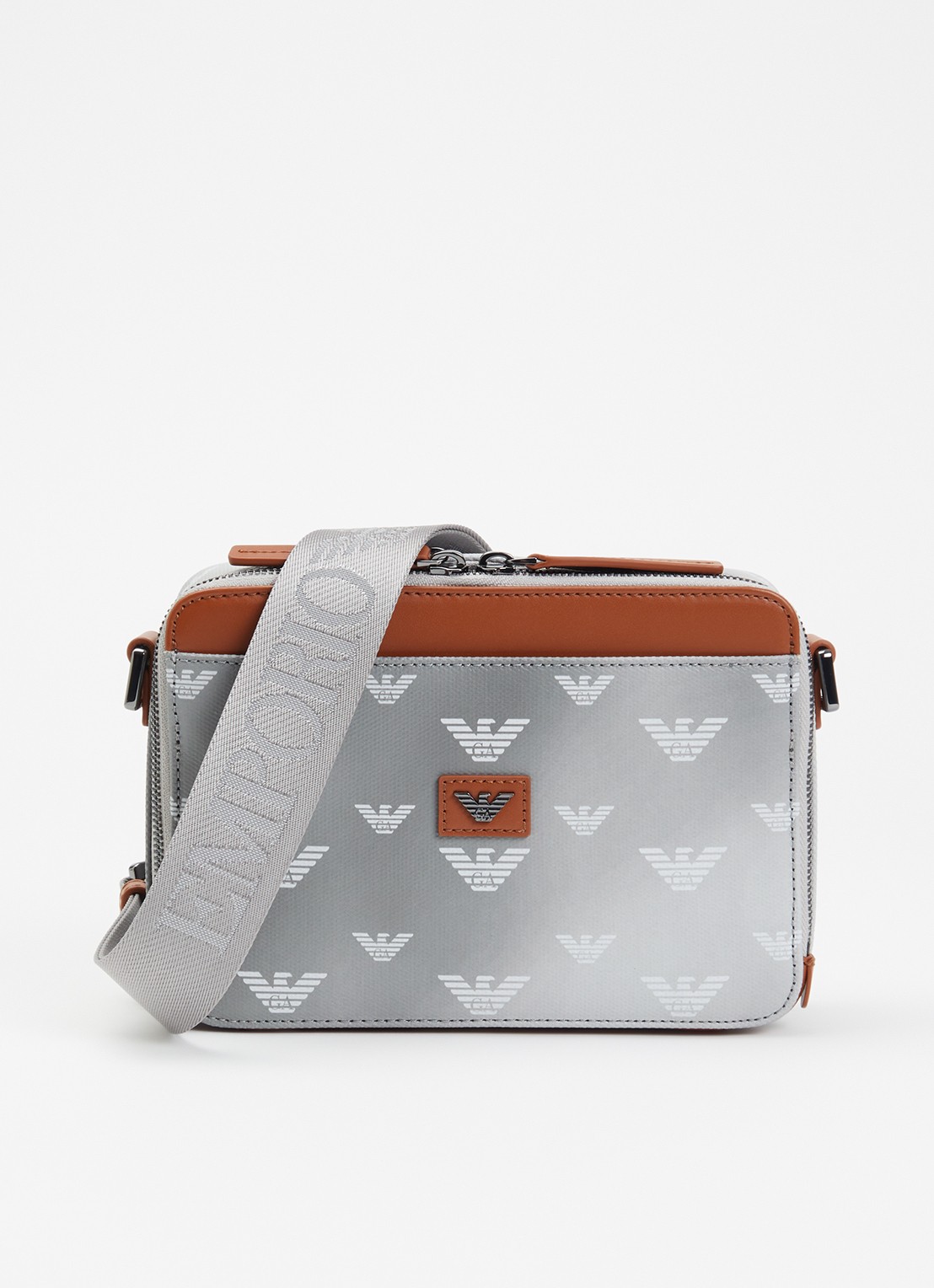Armani Mini all-over eagle schoudertas van canvas met logo  - voorkant grijs