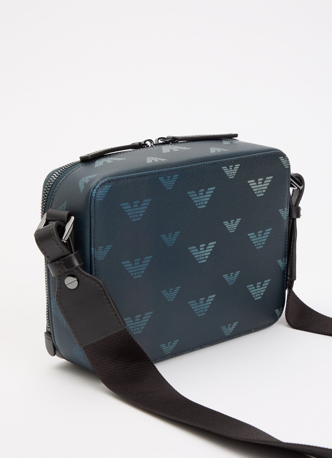 Armani Mini all-over eagle schoudertas van canvas met logo  - achterkant donkerblauw