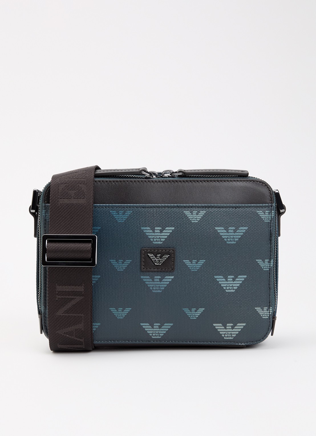 Armani Mini all-over eagle schoudertas van canvas met logo  - voorkant 5 donkerblauw