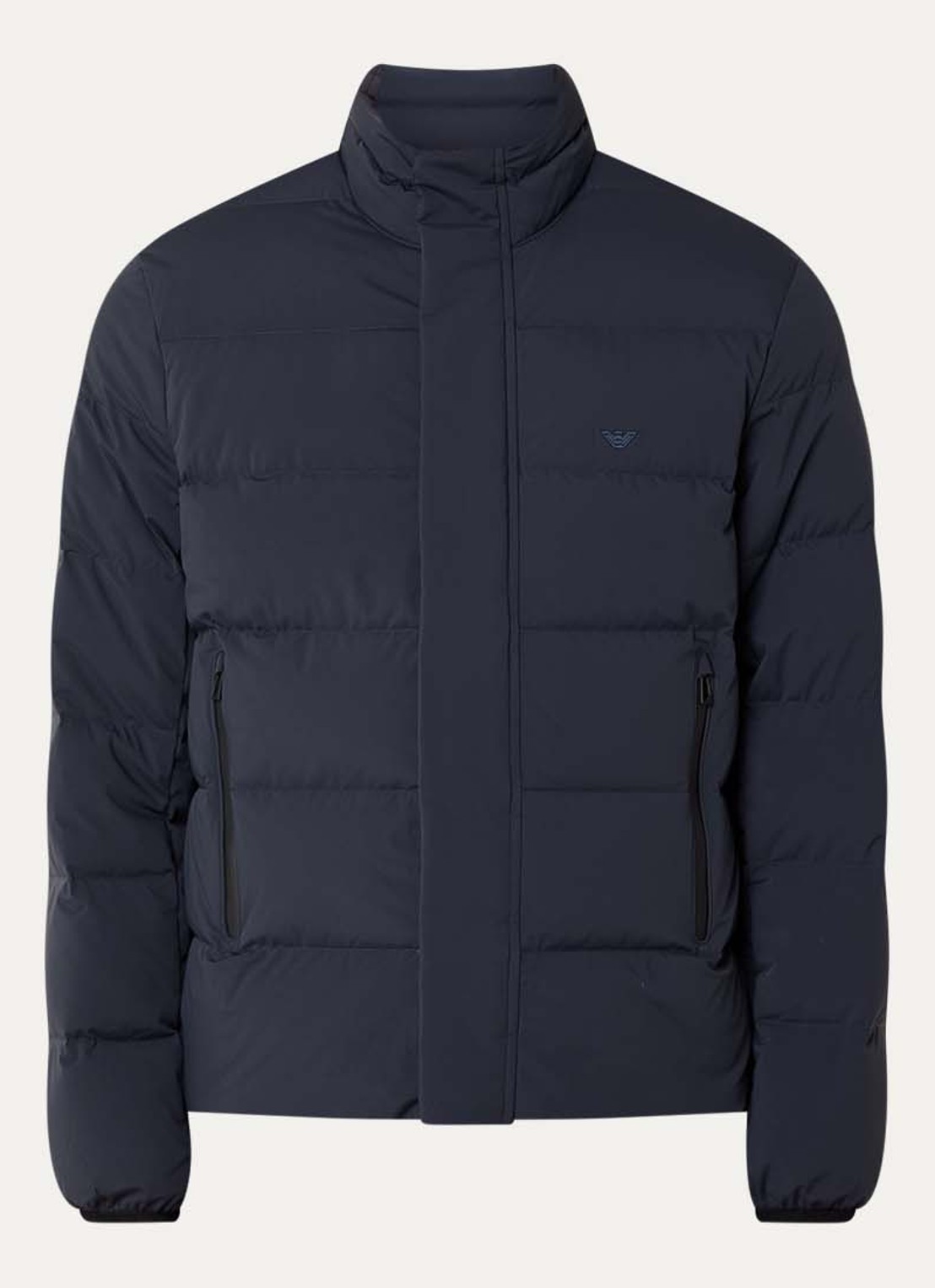 Armani Puffer jack met donsvulling en logoborduring - voorkant 2 iconico 0920 blu nav / donkerblauw
