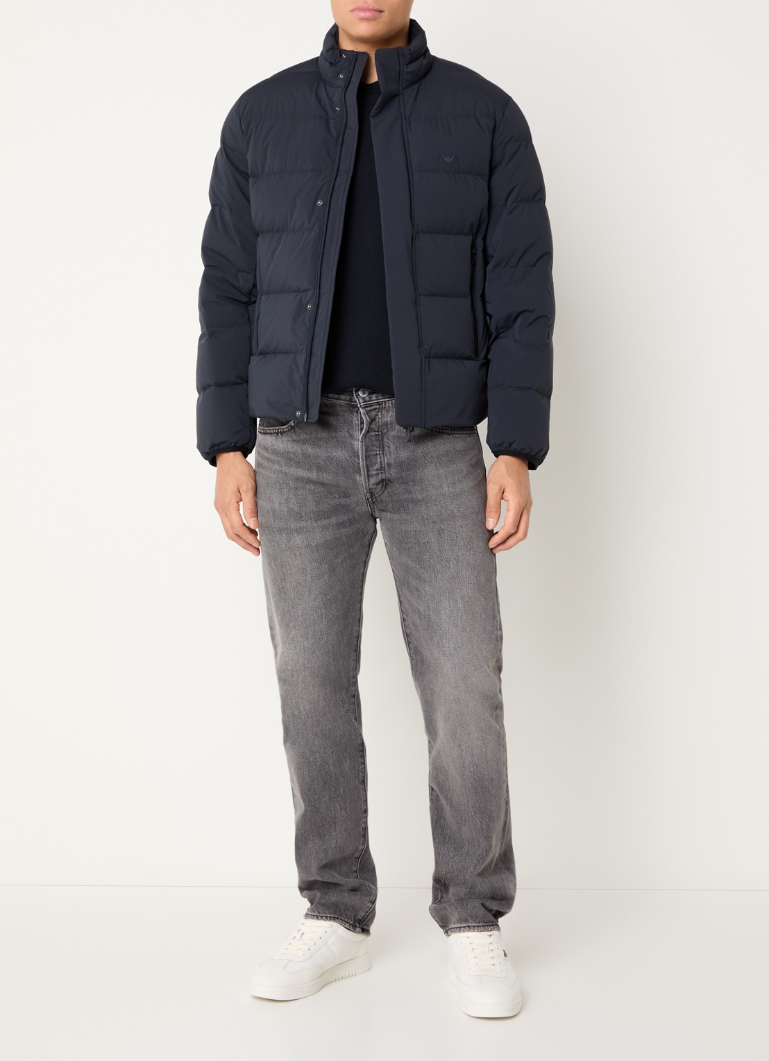 Armani Puffer jack met donsvulling en logoborduring - voorkant 3 iconico 0920 blu nav / donkerblauw