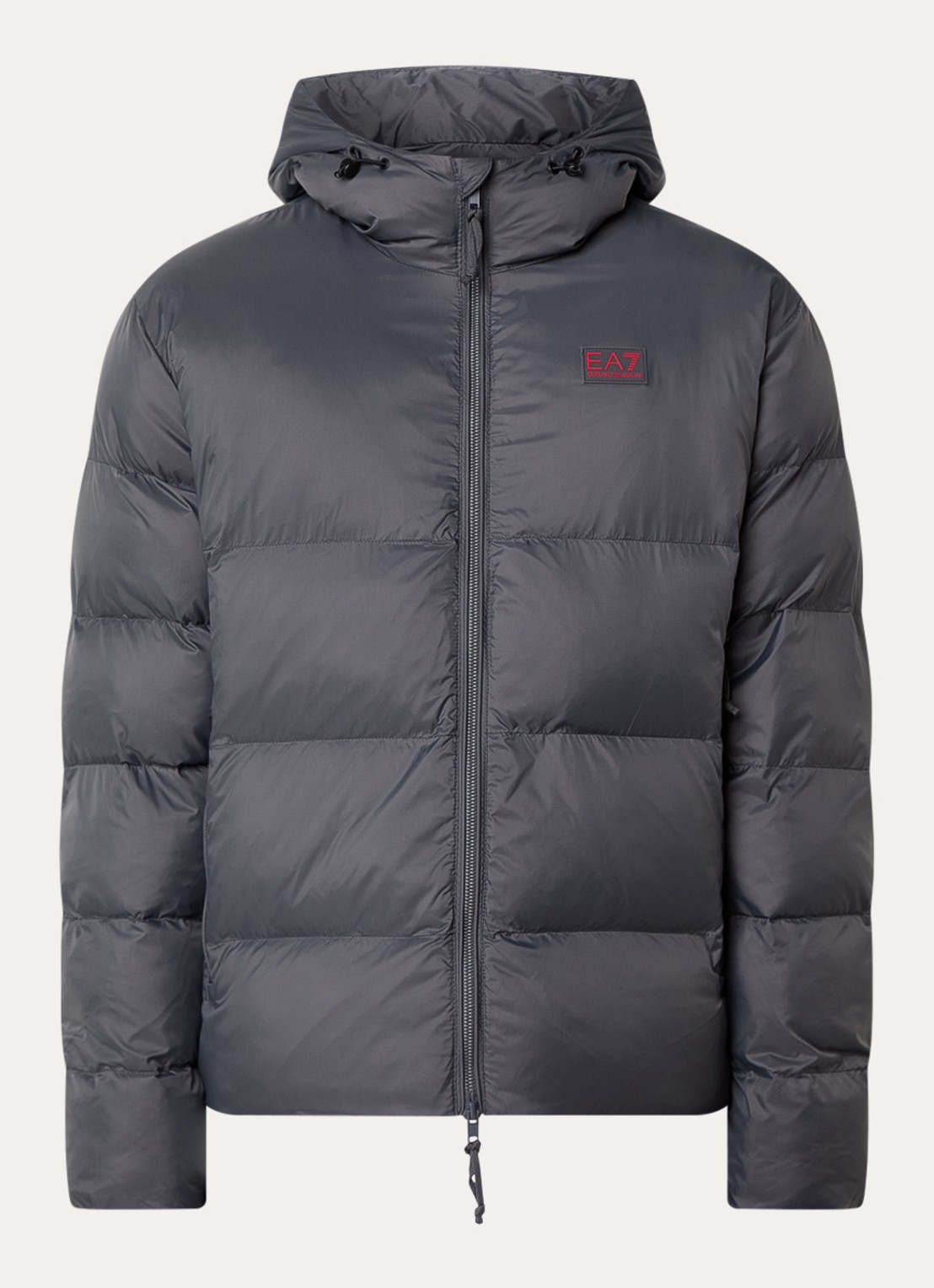 Armani Puffer jack met logo- en backprint - voorkant donkergrijs