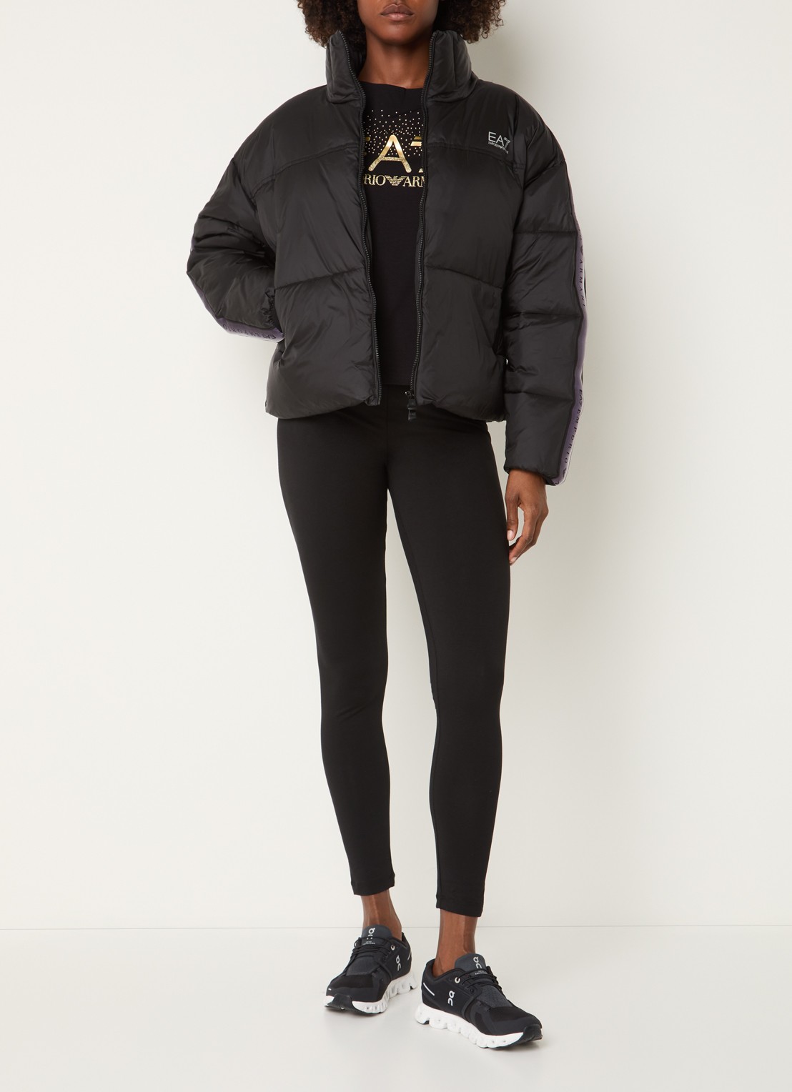 Armani Puffer jack met logoband en ritszakken - voorkant 3 zwart