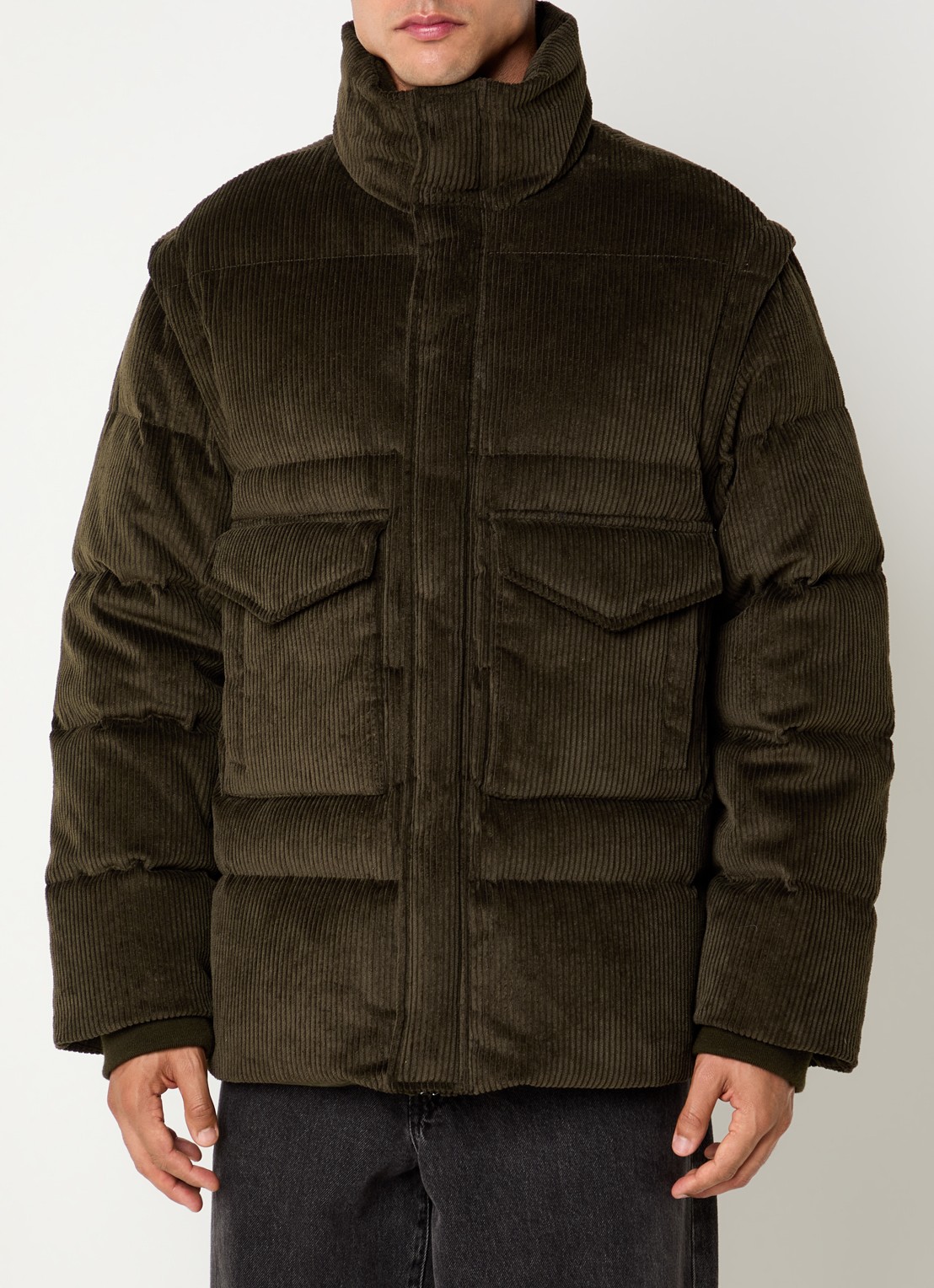 Armani Puffer jack van corduroy met afneembare mouwen - detail 5 bronsgroen