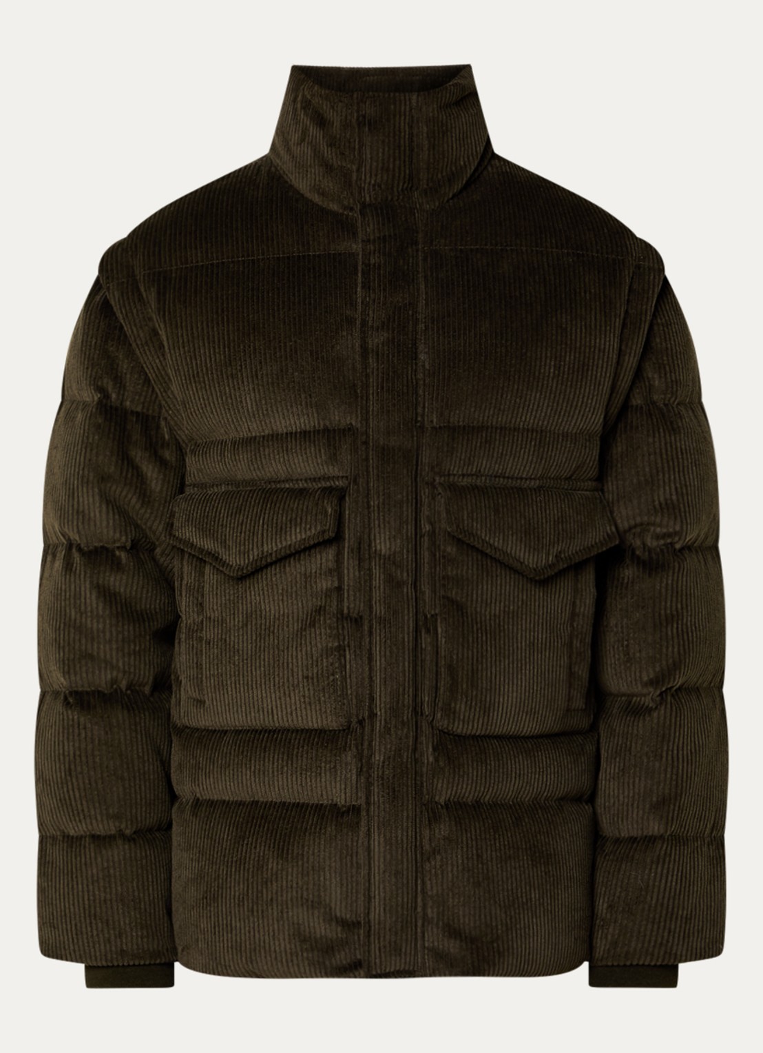 Armani Puffer jack van corduroy met afneembare mouwen - voorkant bronsgroen
