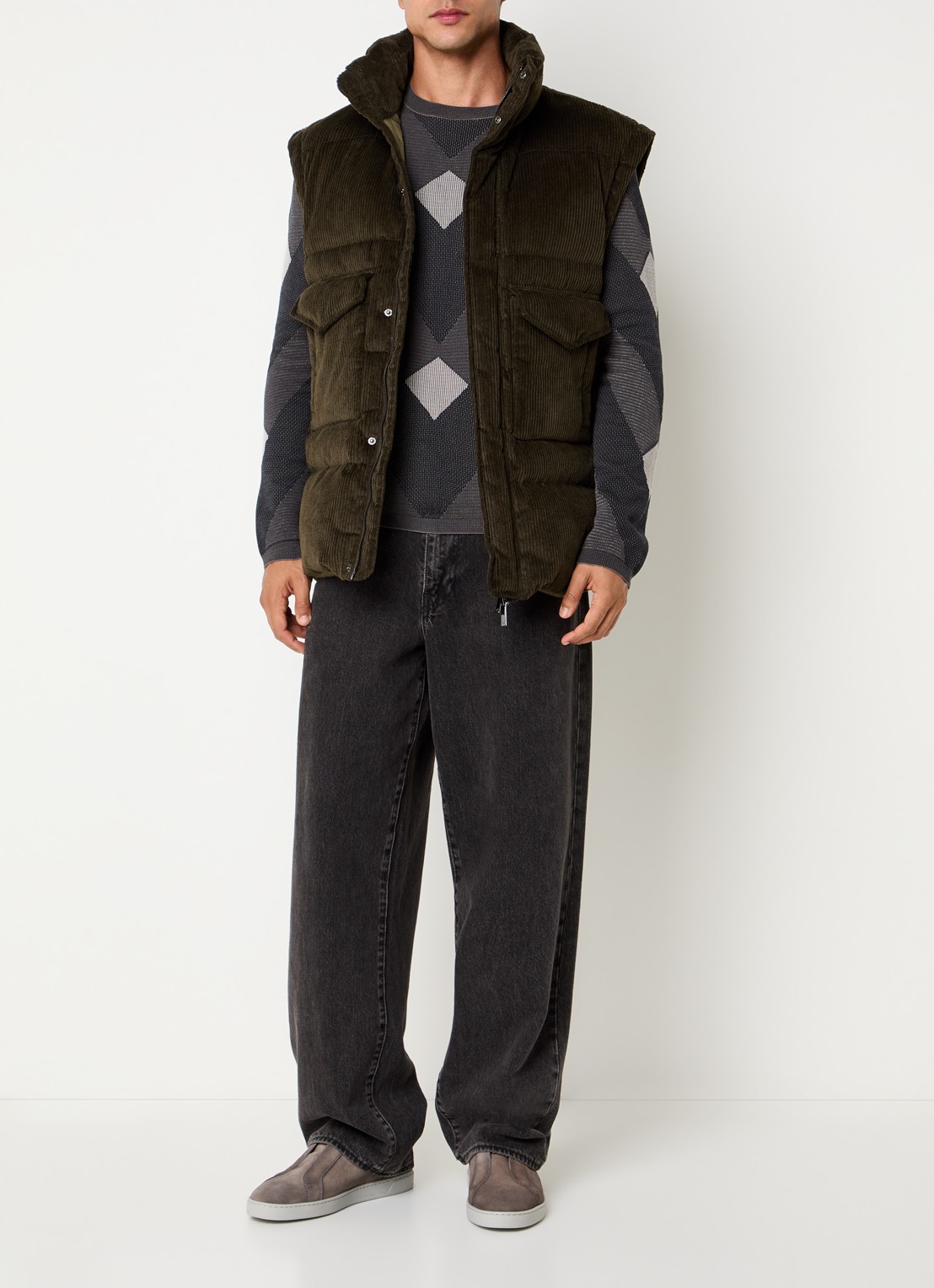 Armani Puffer jack van corduroy met afneembare mouwen - voorkant 2 bronsgroen