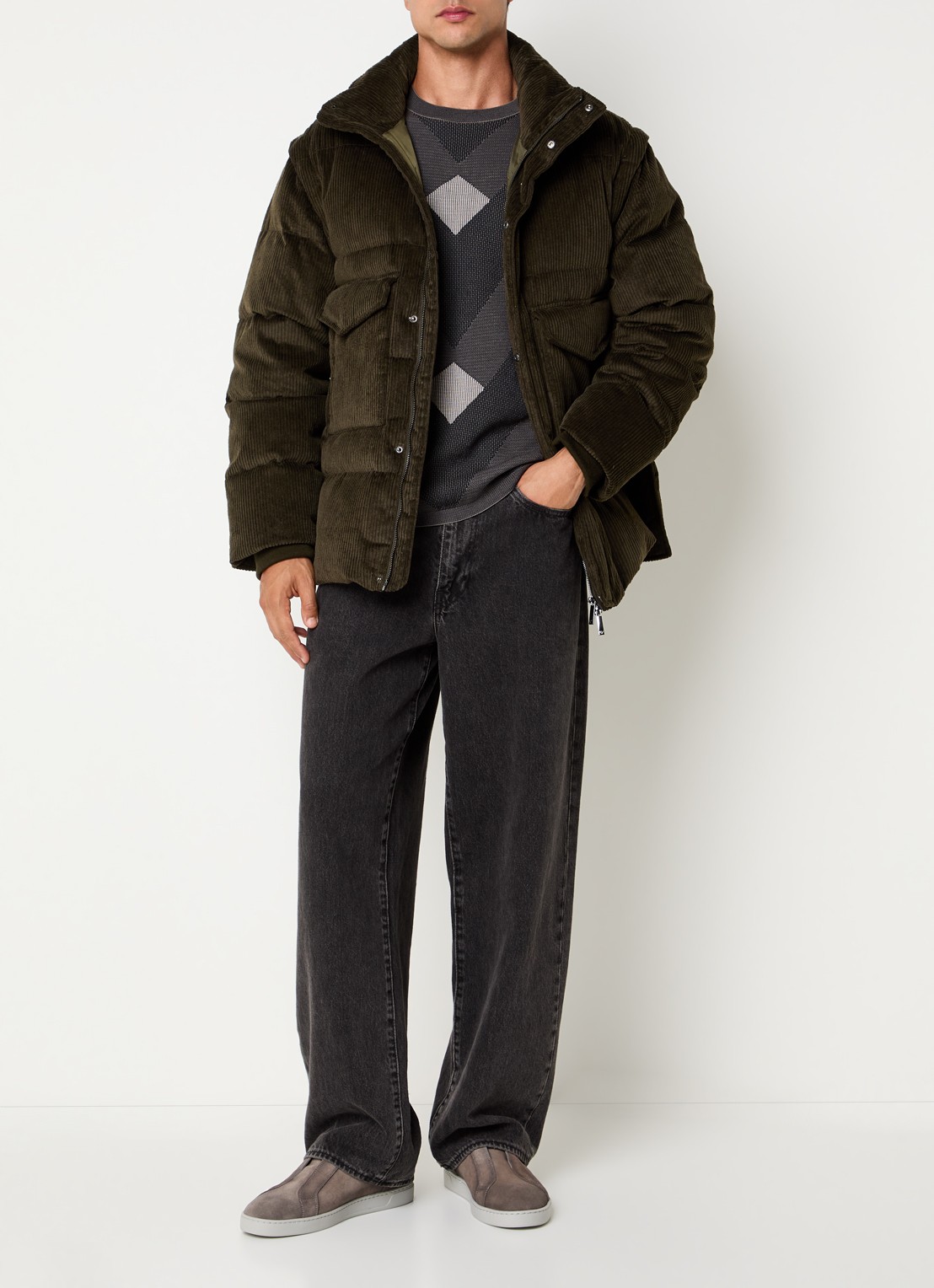 Armani Puffer jack van corduroy met afneembare mouwen - voorkant 3 bronsgroen