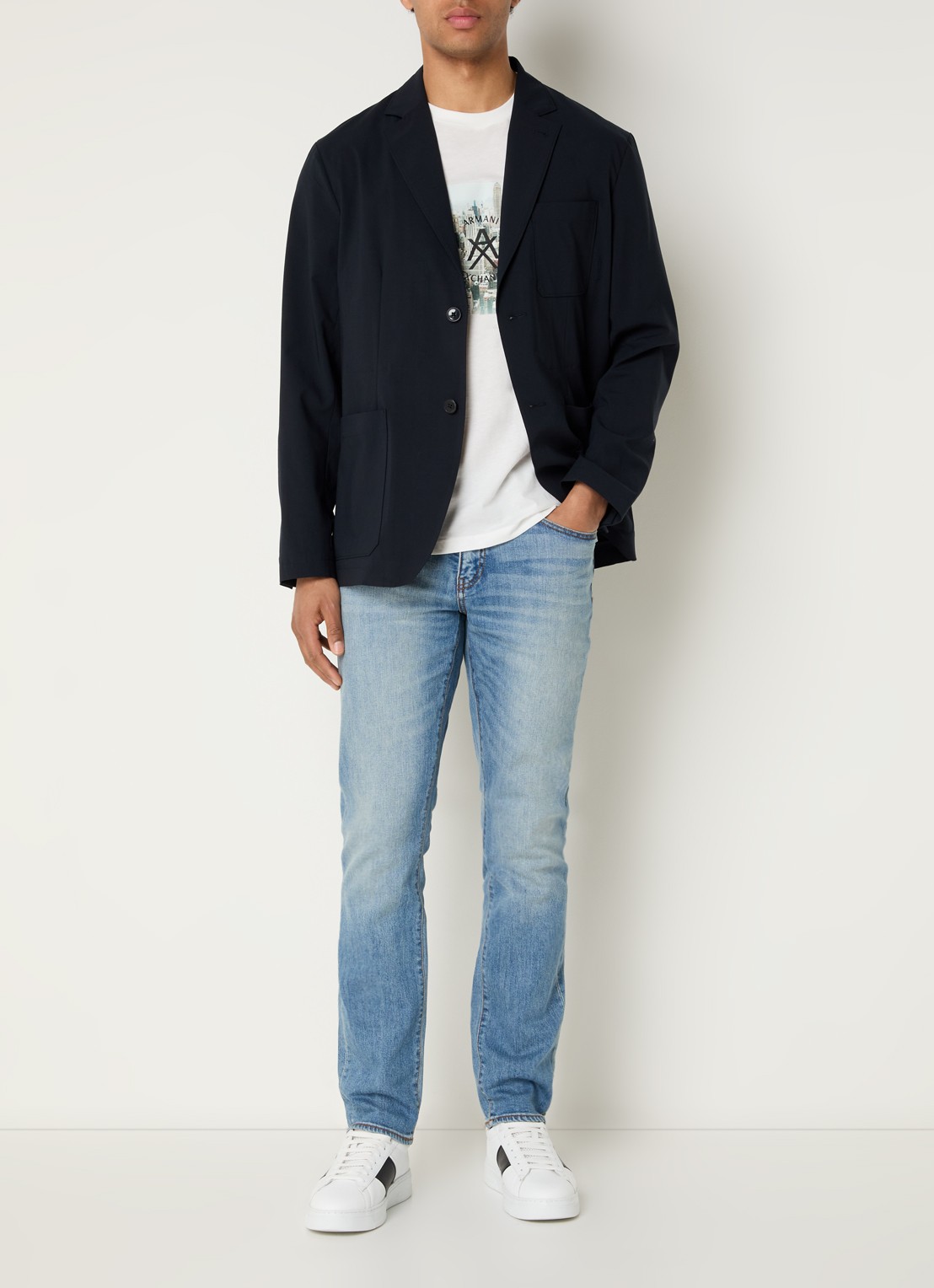 Armani Regular fit colbert in wolblend met borstzak - voorkant 4 donkerblauw