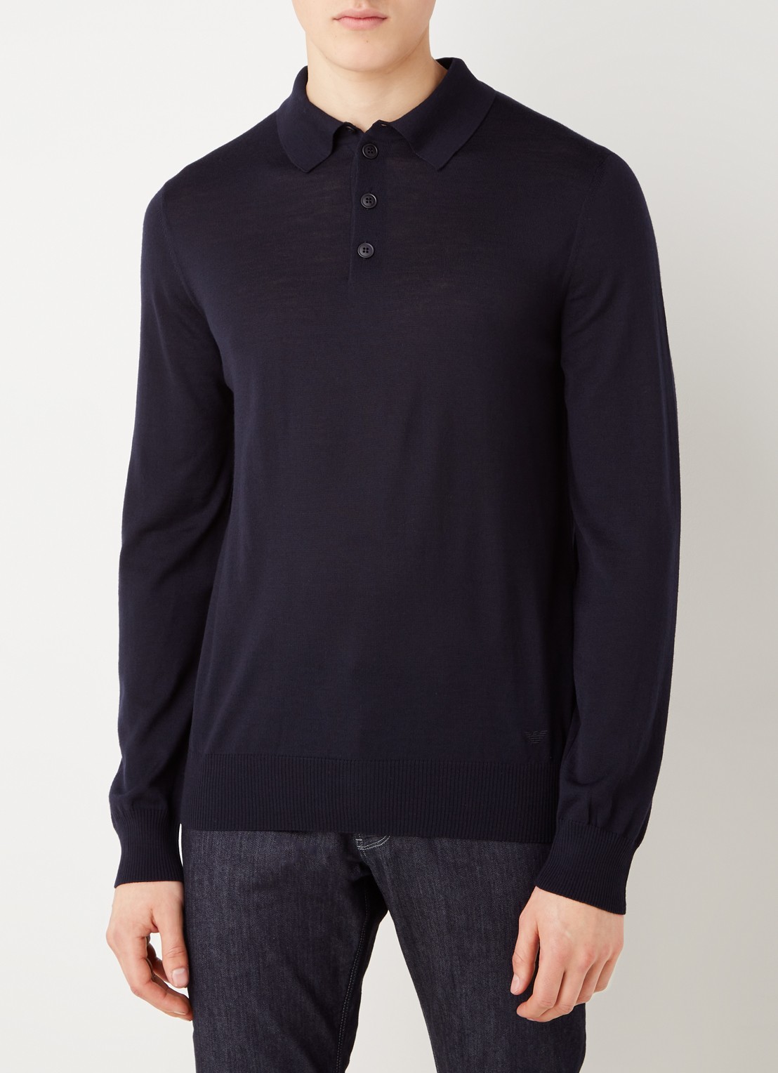 Armani Regular fit fijngebreide polo van scheerwol - detail 4 donkerblauw