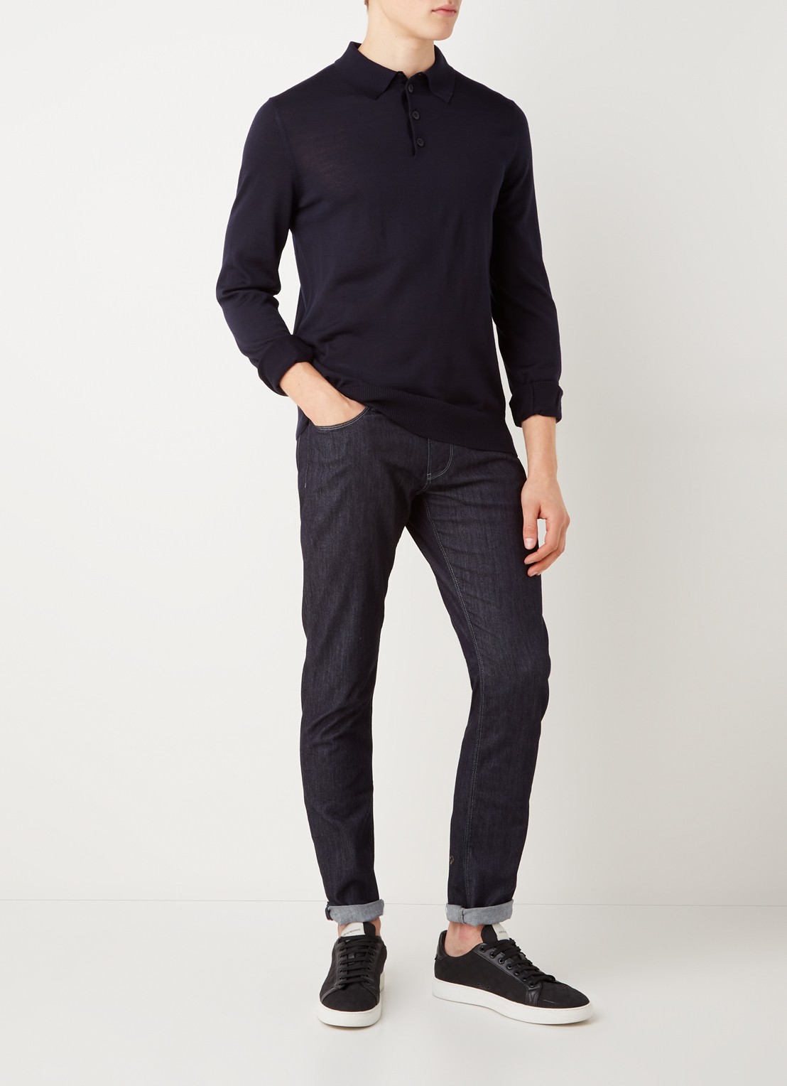 Armani Regular fit fijngebreide polo van scheerwol - voorkant 3 donkerblauw