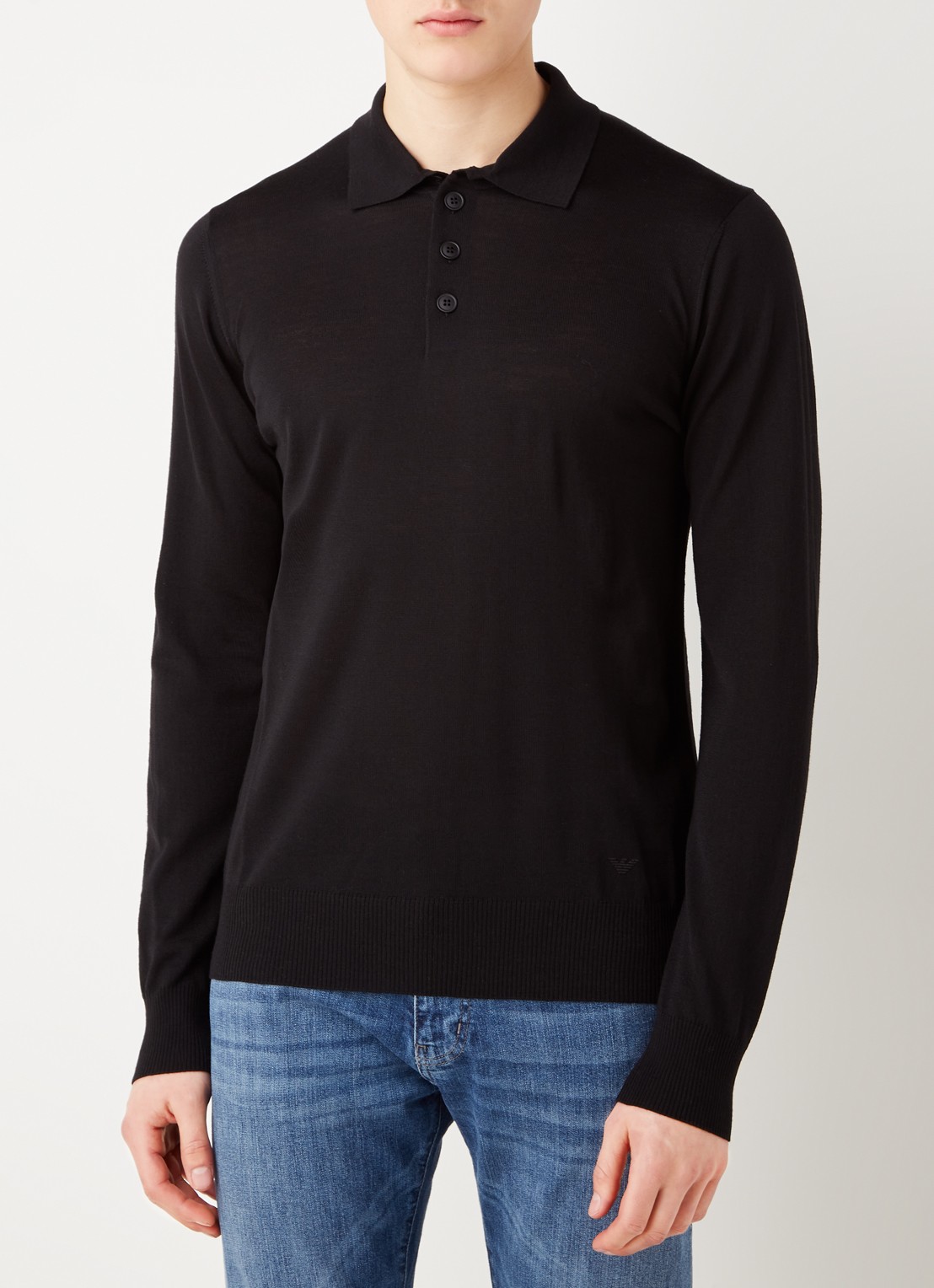 Armani Regular fit fijngebreide polo van scheerwol - detail zwart