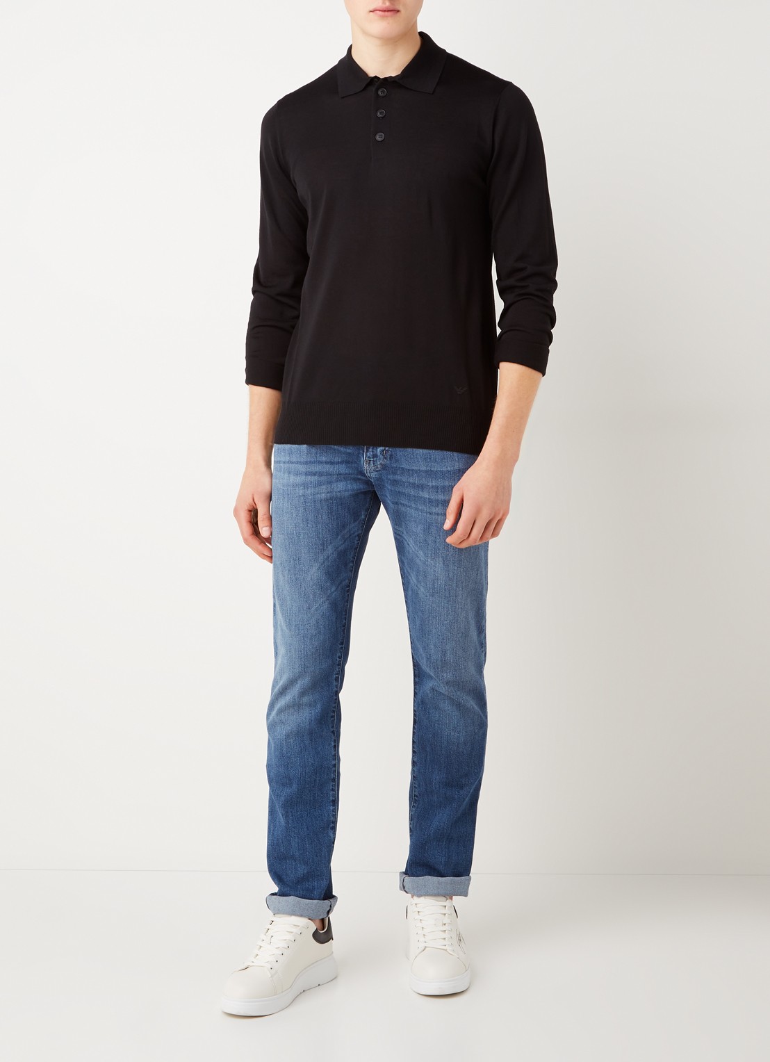 Armani Regular fit fijngebreide polo van scheerwol - voorkant 3 zwart