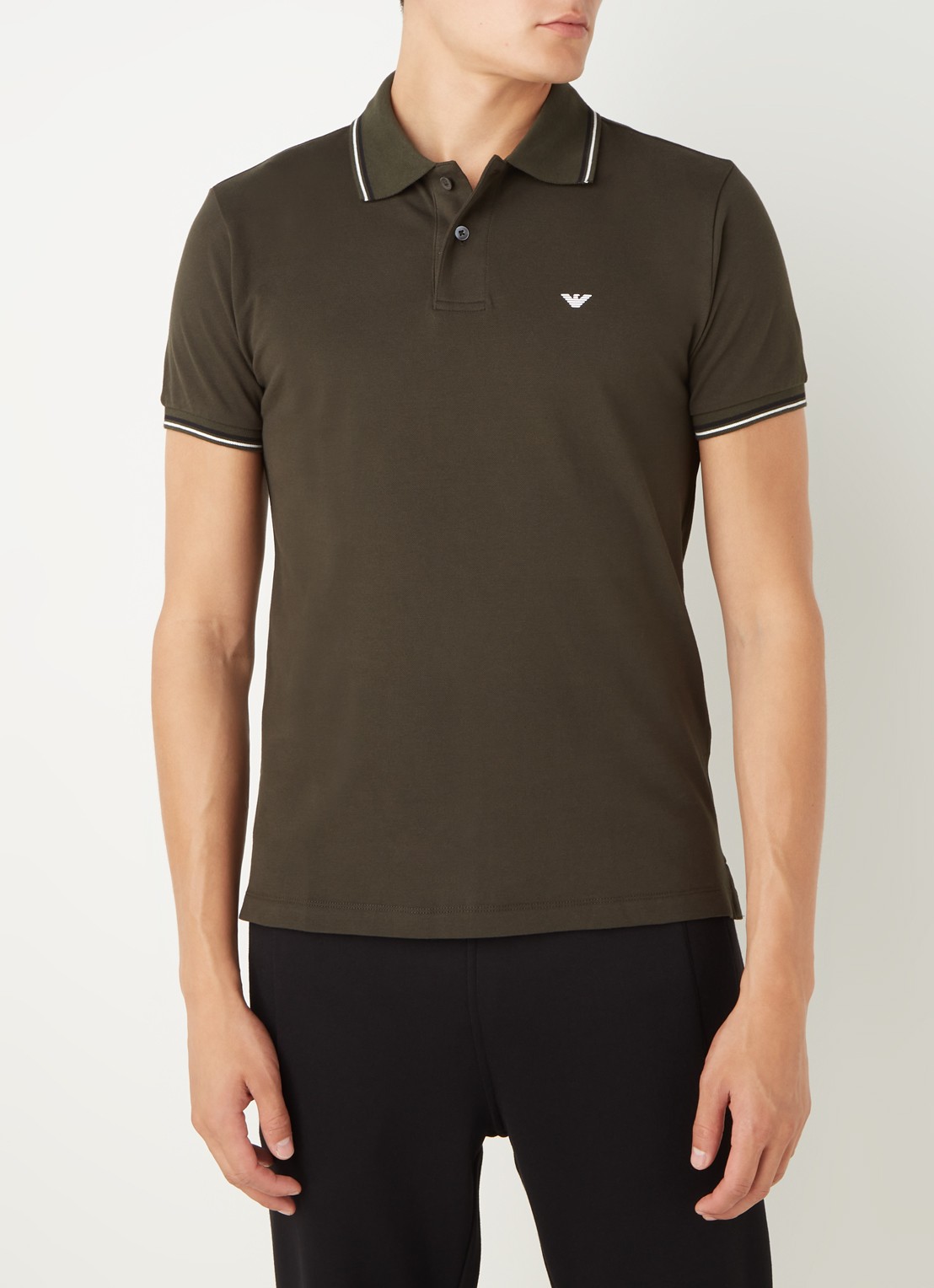 Armani Regular fit polo van piqué katoen met getipte boorden - detail 3 bronsgroen