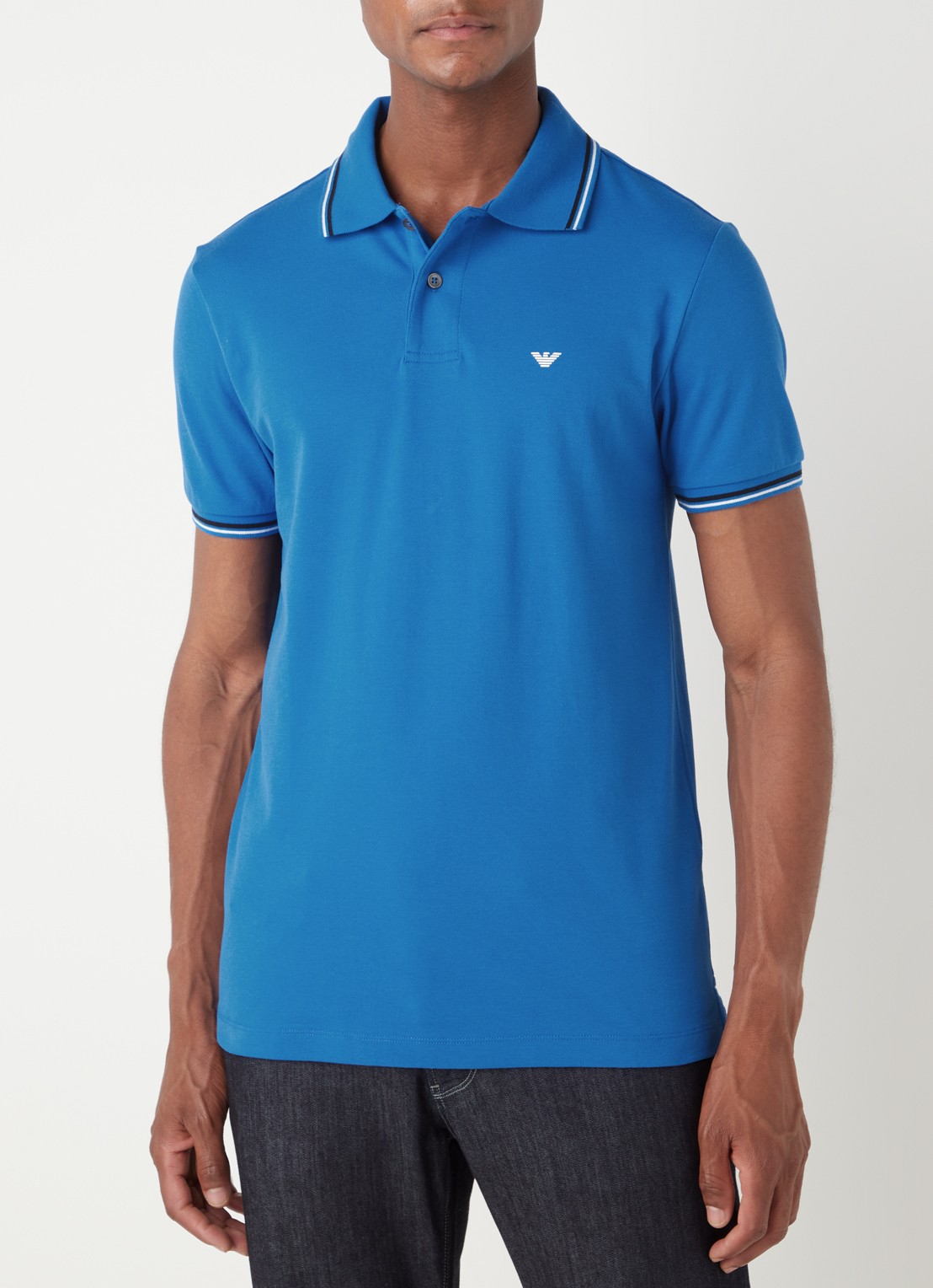 Armani Regular fit polo van piqué katoen met getipte boorden - detail 3 kobaltblauw