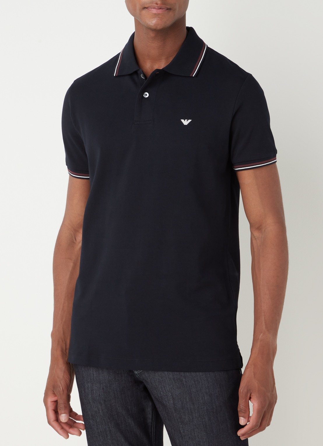 Armani Regular fit polo van piqué katoen met getipte boorden - detail 4 donkerblauw