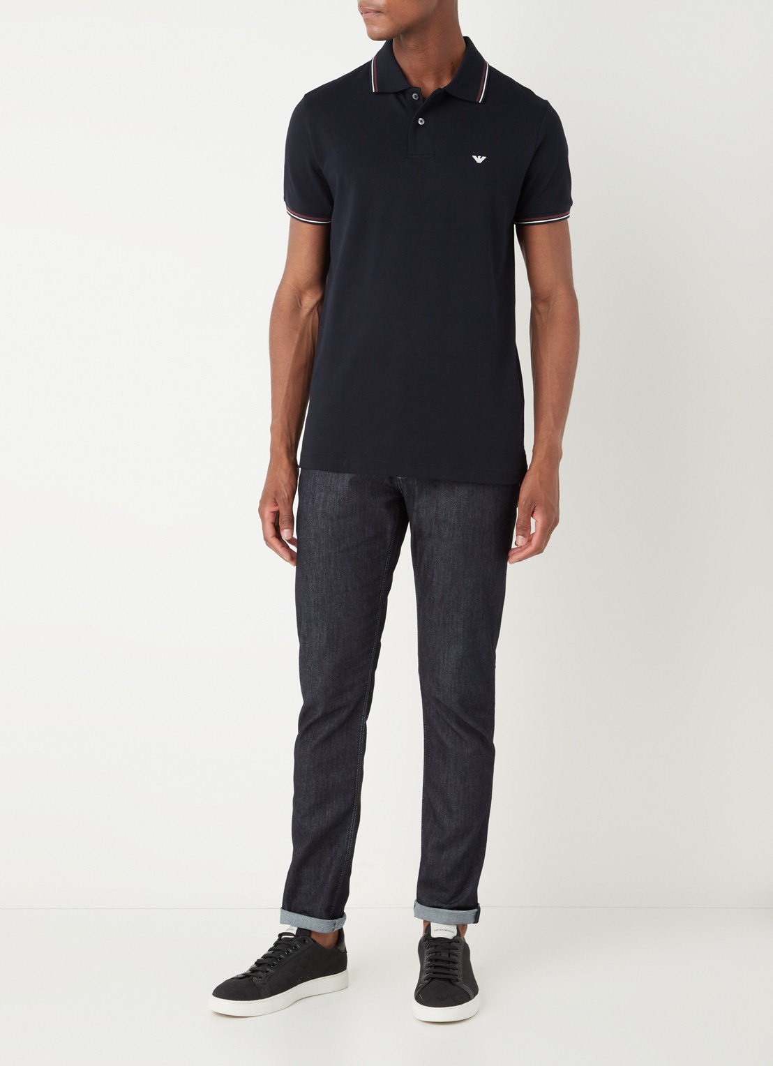 Armani Regular fit polo van piqué katoen met getipte boorden - voorkant 3 donkerblauw