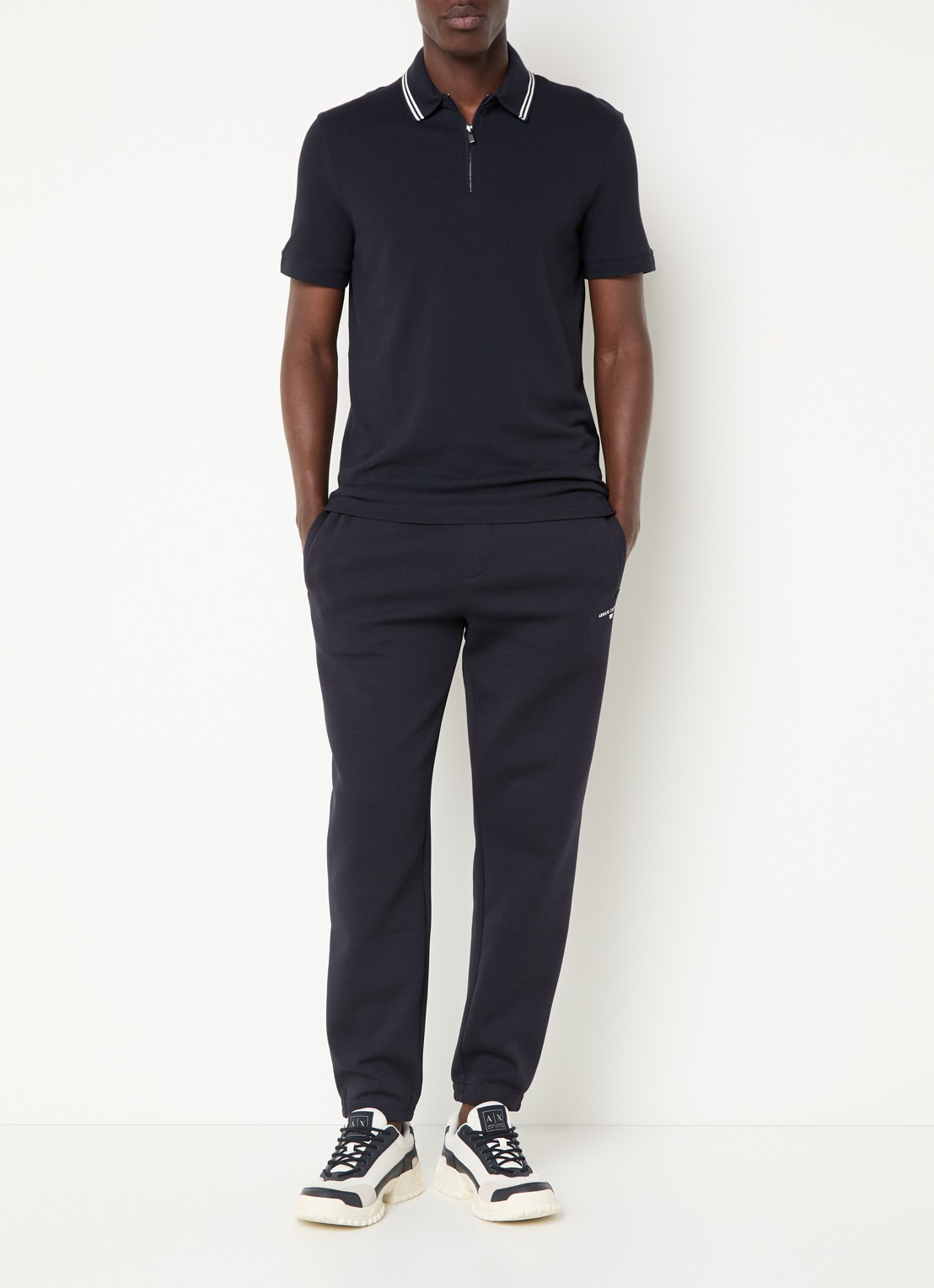 Armani Regular fit polo van piqué katoen met halve rits - voorkant 4 donkerblauw