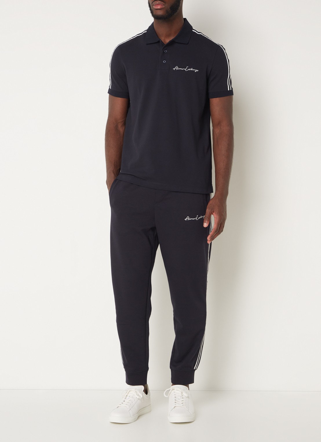 Armani Regular fit polo van piqué katoen met logoborduring - voorkant 3 donkerblauw