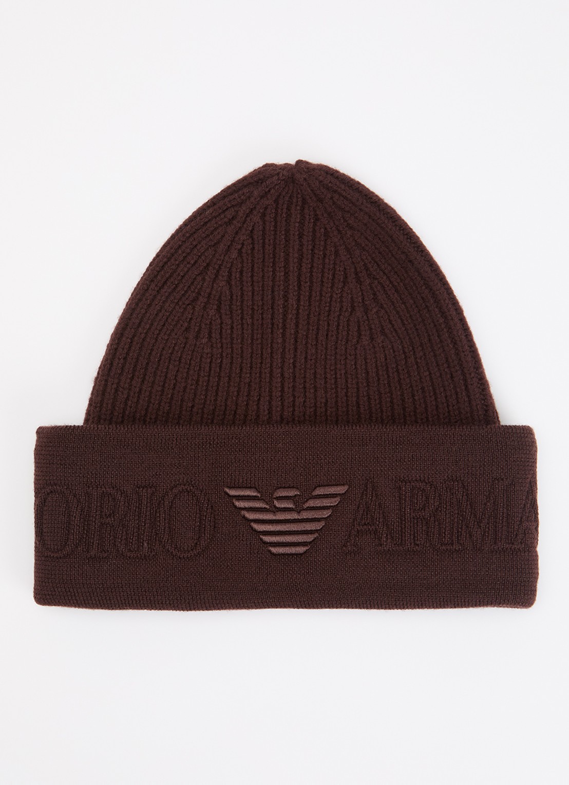 Armani Ribgebreide muts van wol met logo - voorkant bruin
