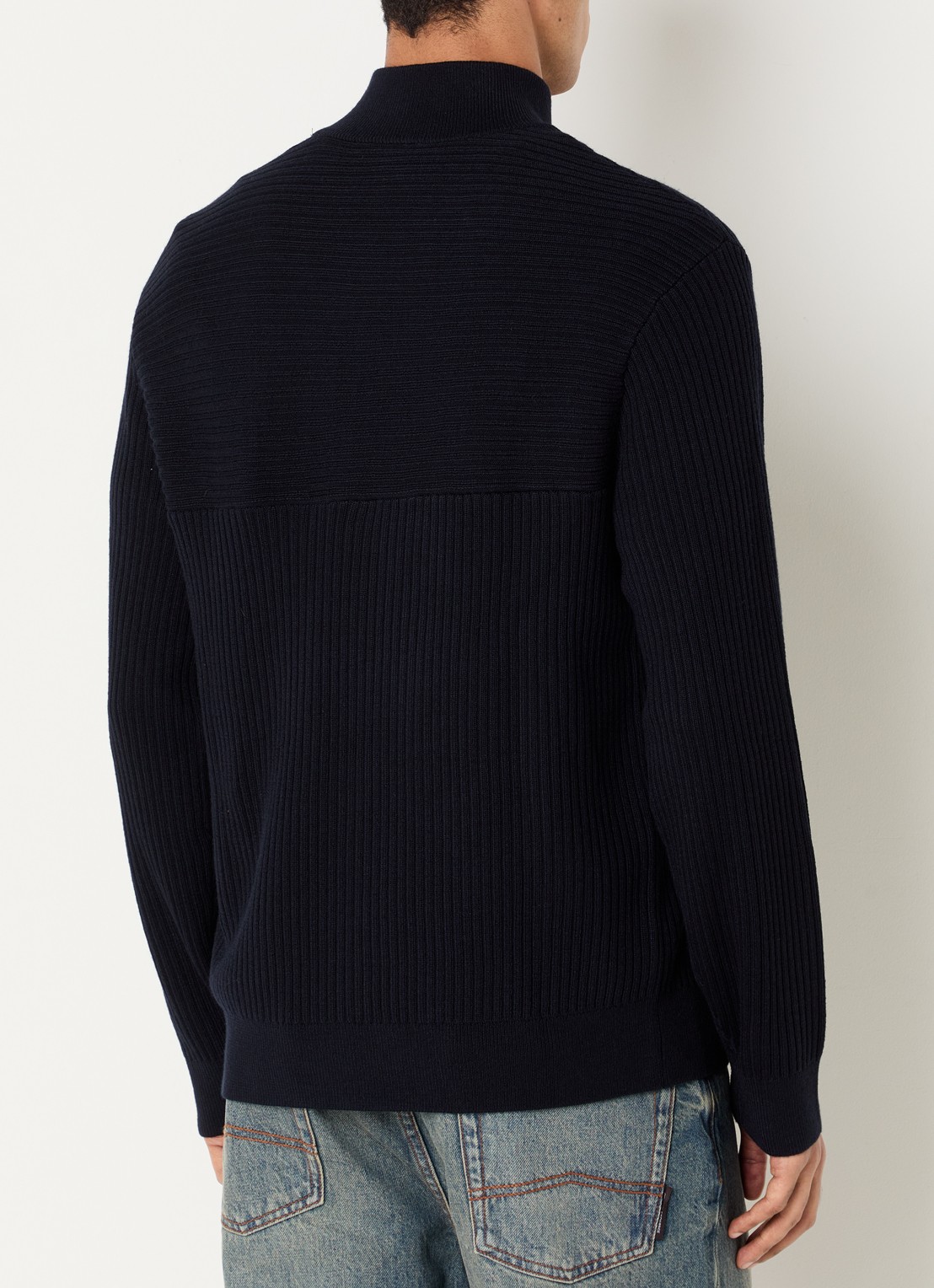 Armani Ribgebreide pullover in scheerwolblend met halve rits - achterkant 2 donkerblauw