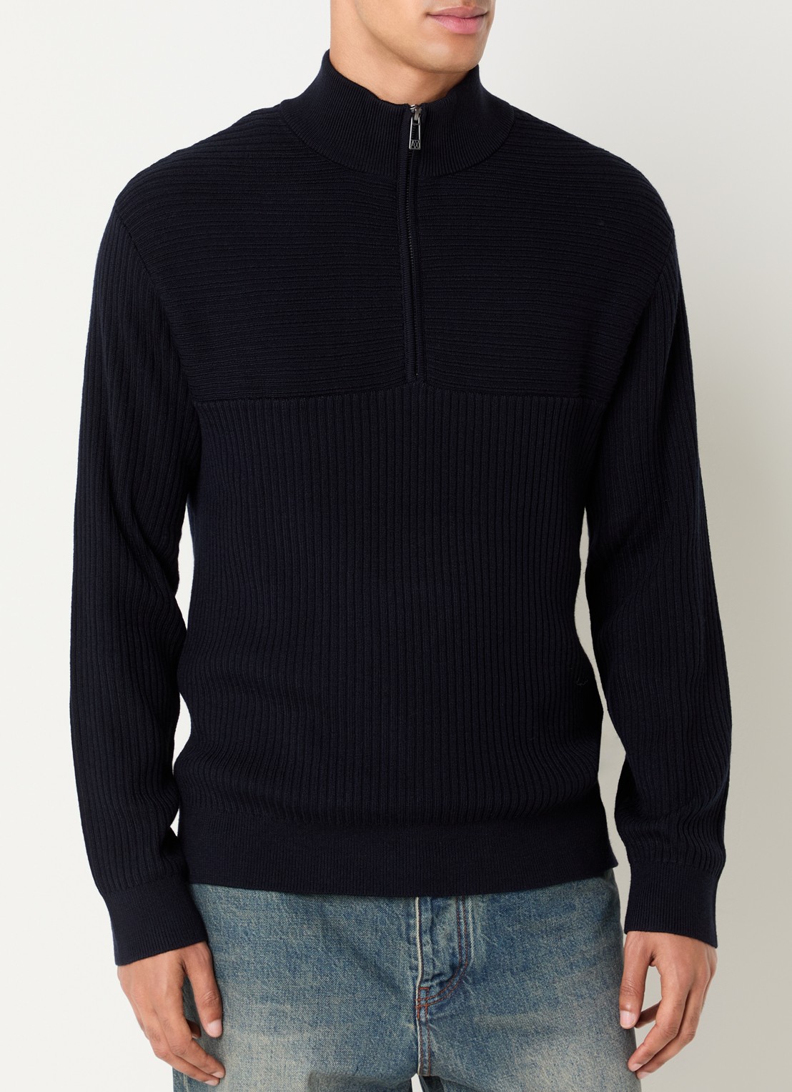 Armani Ribgebreide pullover in scheerwolblend met halve rits - detail donkerblauw