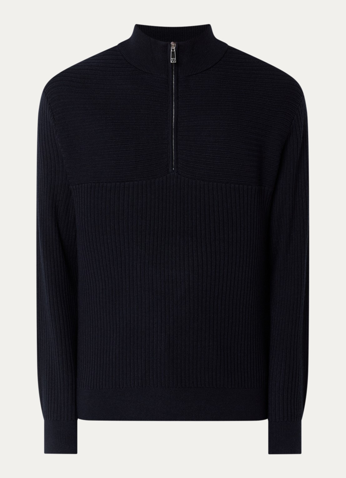 Armani Ribgebreide pullover in scheerwolblend met halve rits - voorkant 3 donkerblauw