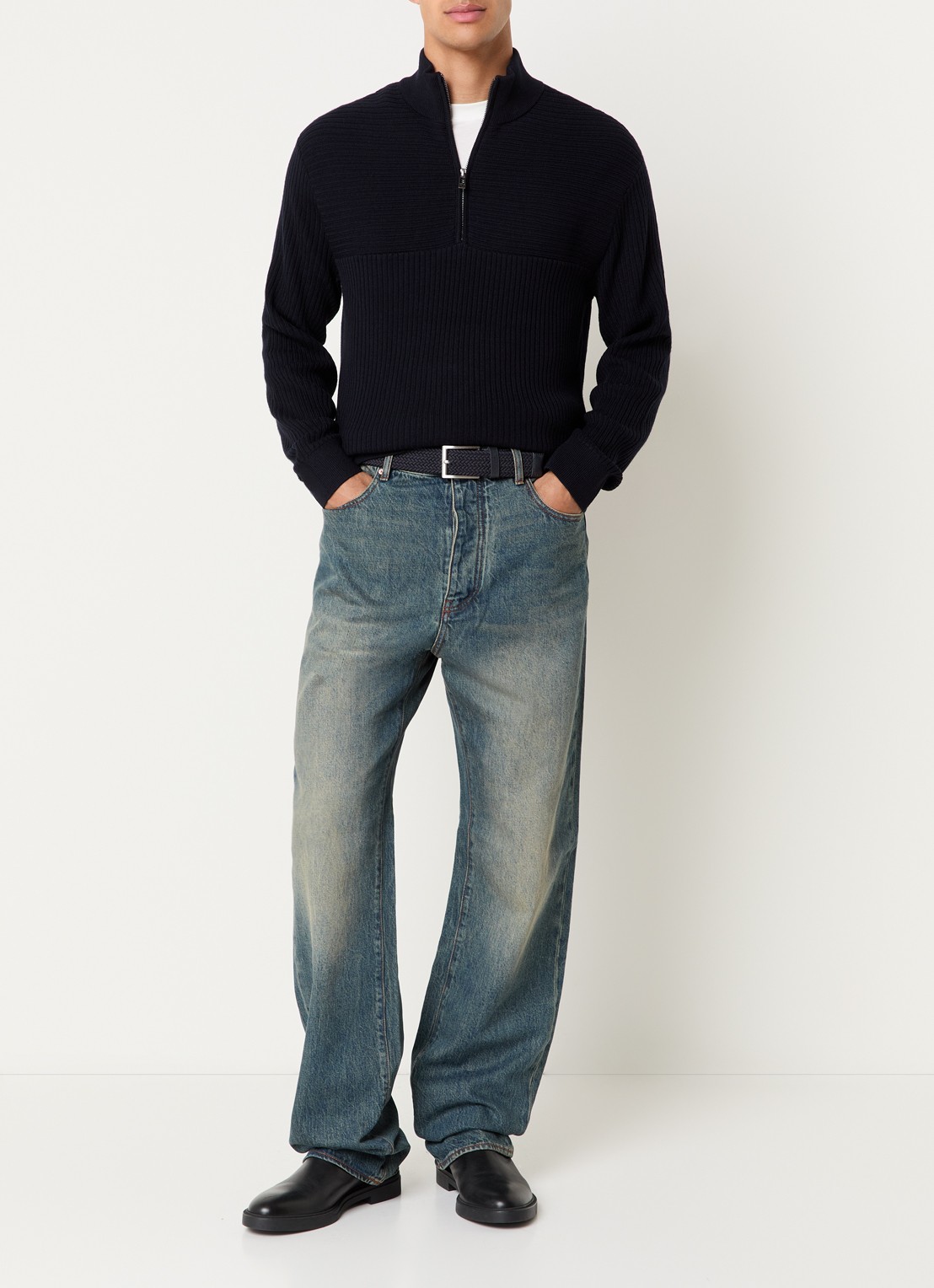 Armani Ribgebreide pullover in scheerwolblend met halve rits - voorkant 4 donkerblauw
