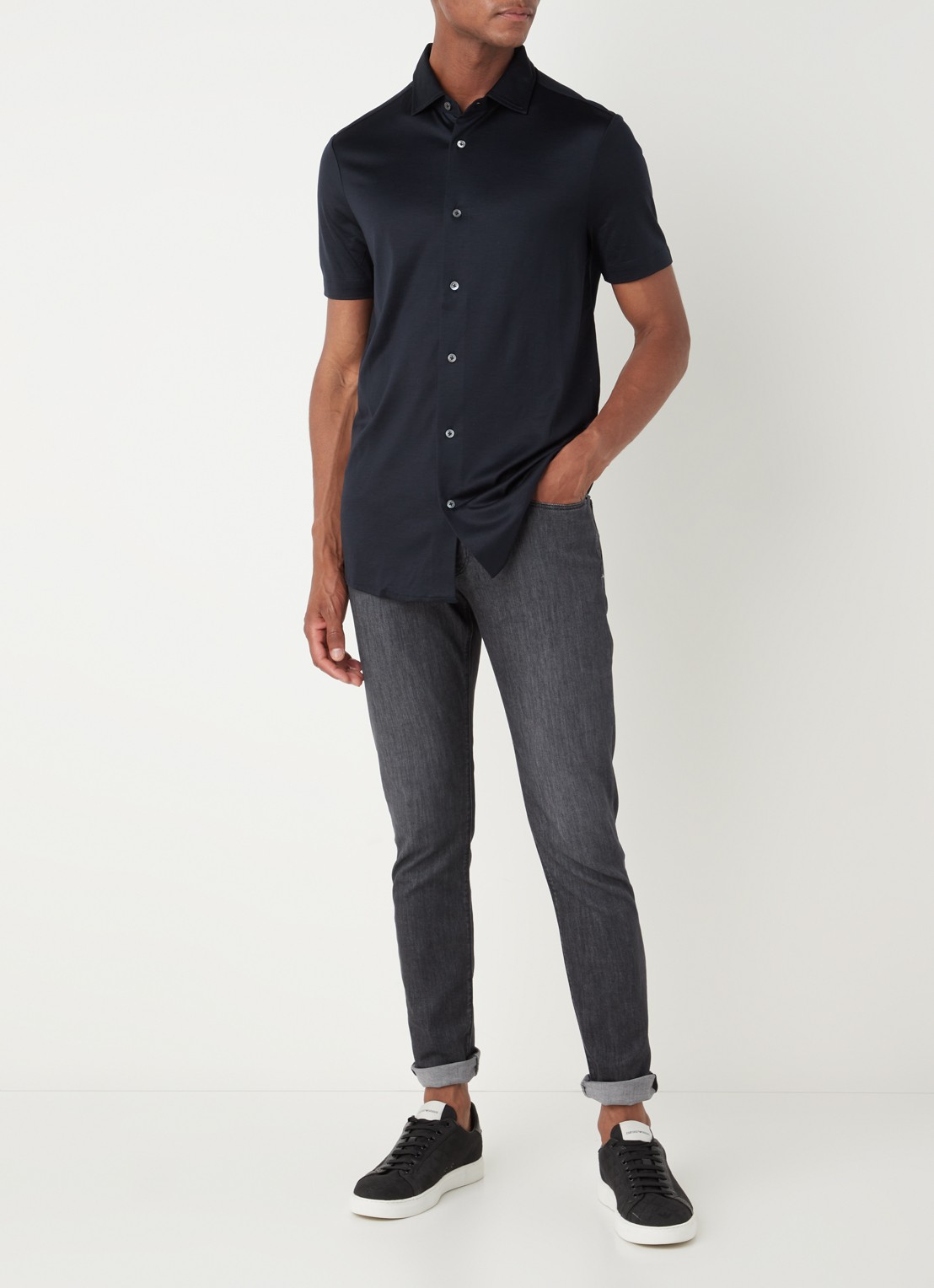 Armani Slim fit overhemd in lyocellblend - voorkant 3 donkerblauw