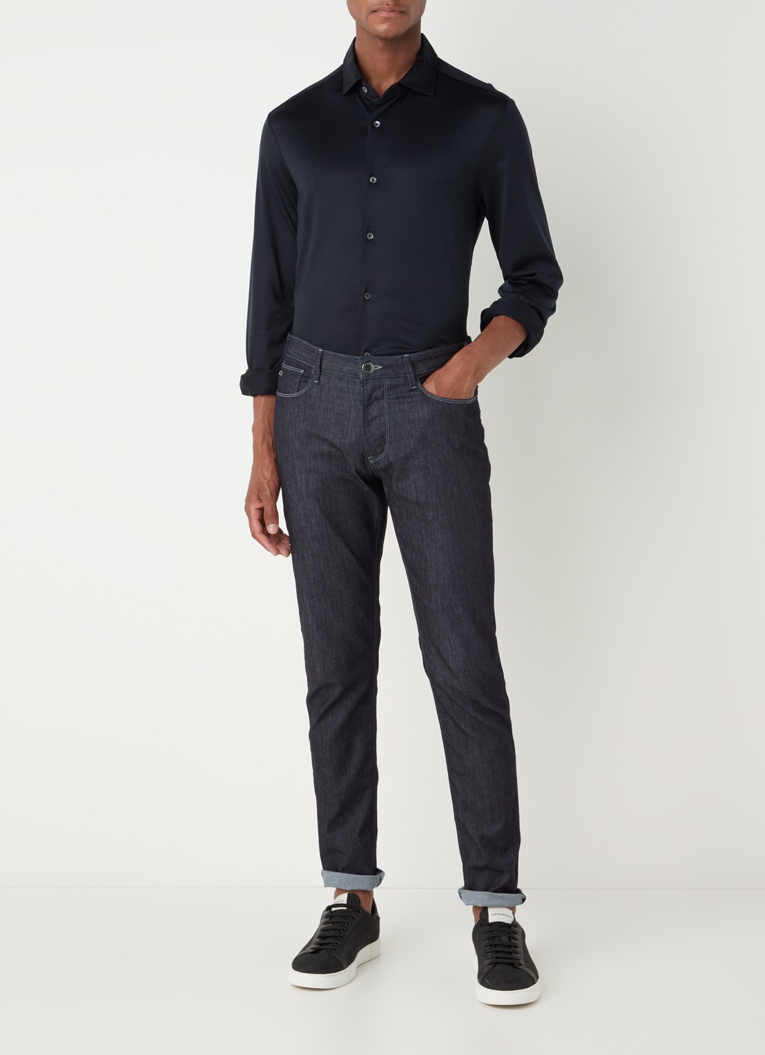 Armani Slim fit overhemd in lyocellblend - voorkant 2 donkerblauw