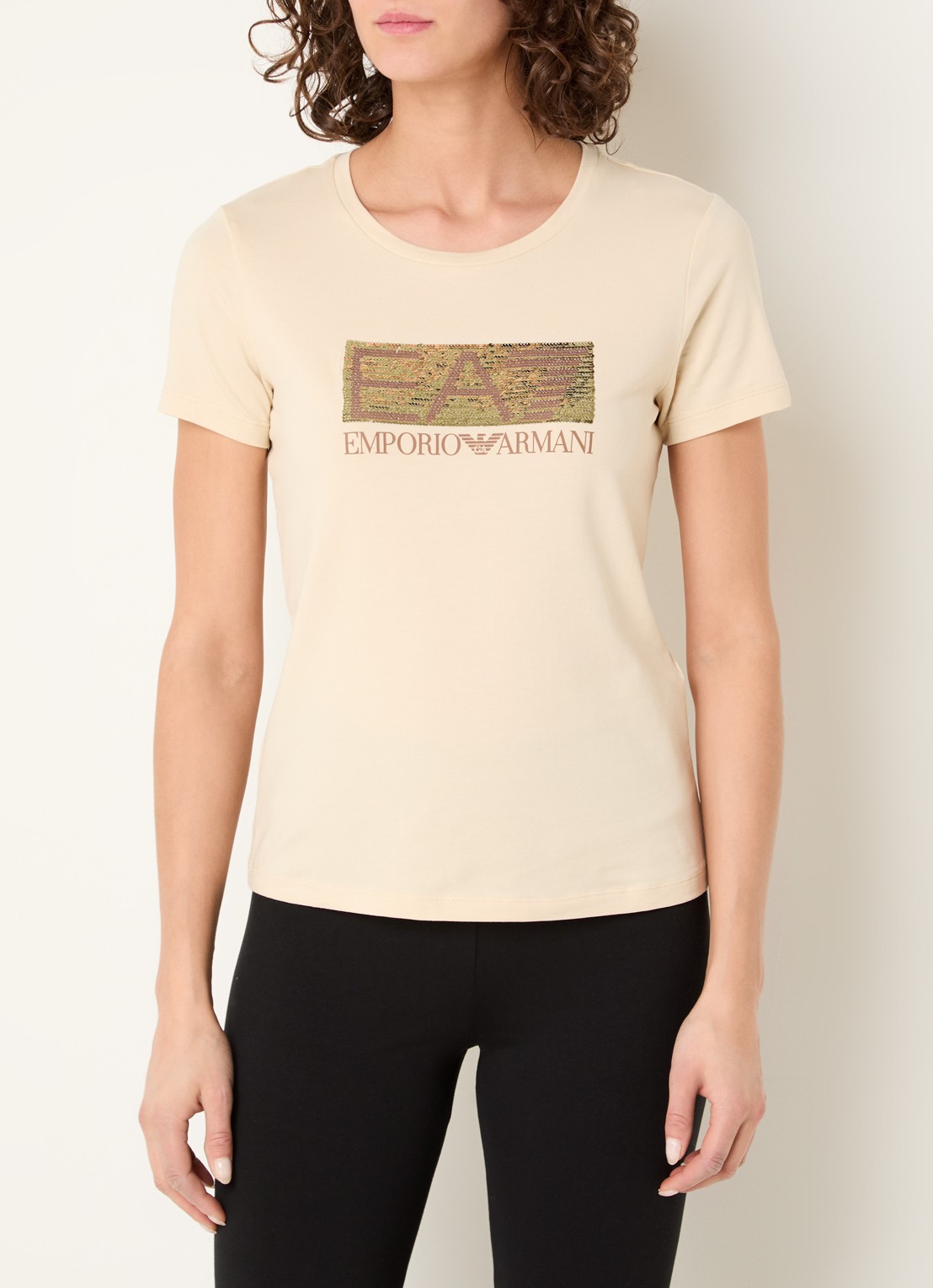 Armani T-shirt met logoprint en pailletten - detail beige