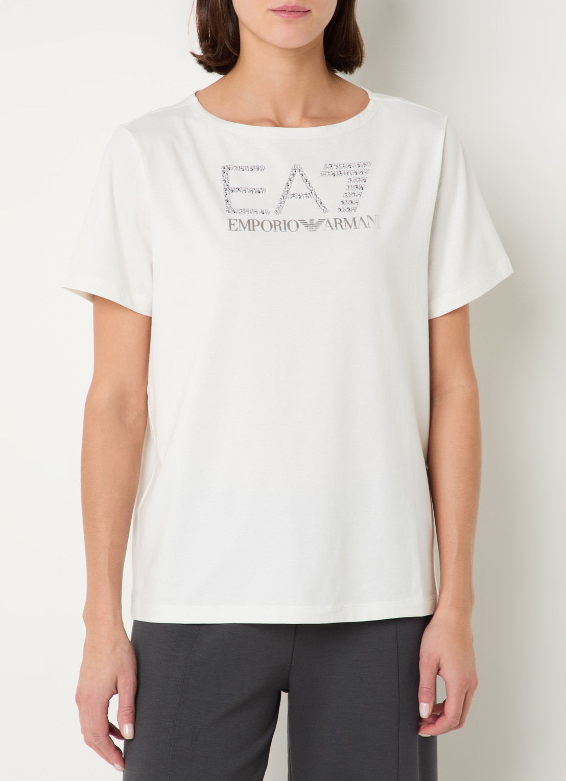 Armani T-shirt met logoprint met strass - detail gebroken wit