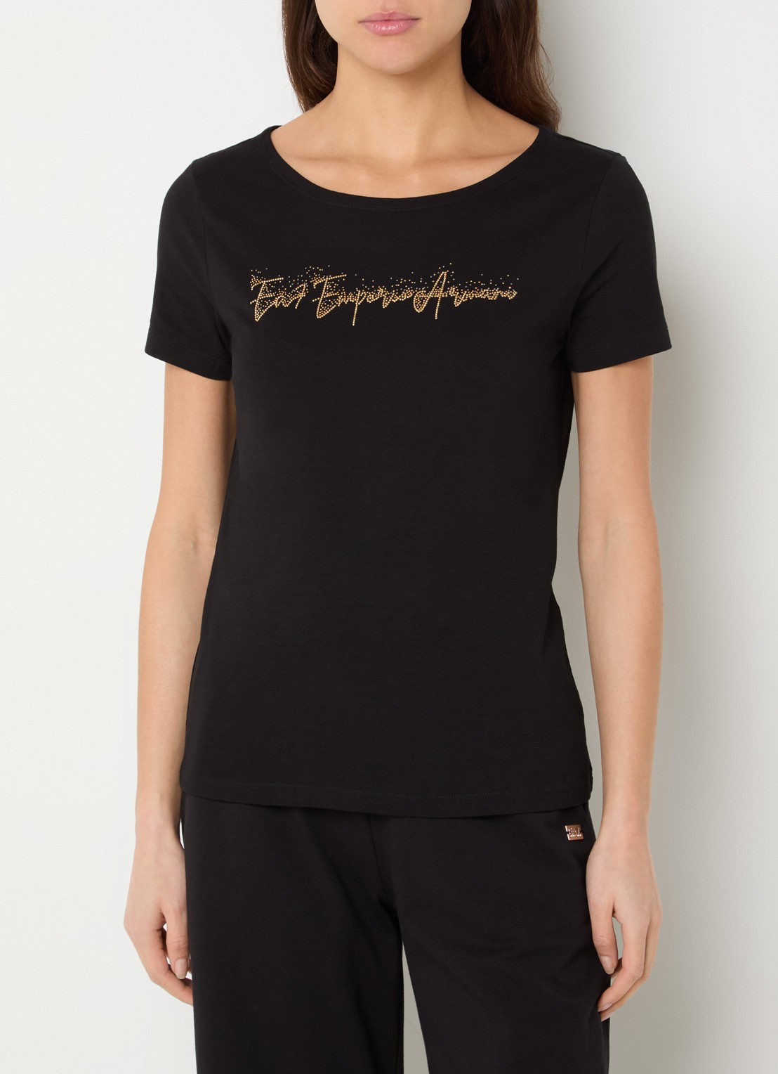 Armani T-shirt met strasslogo - detail zwart