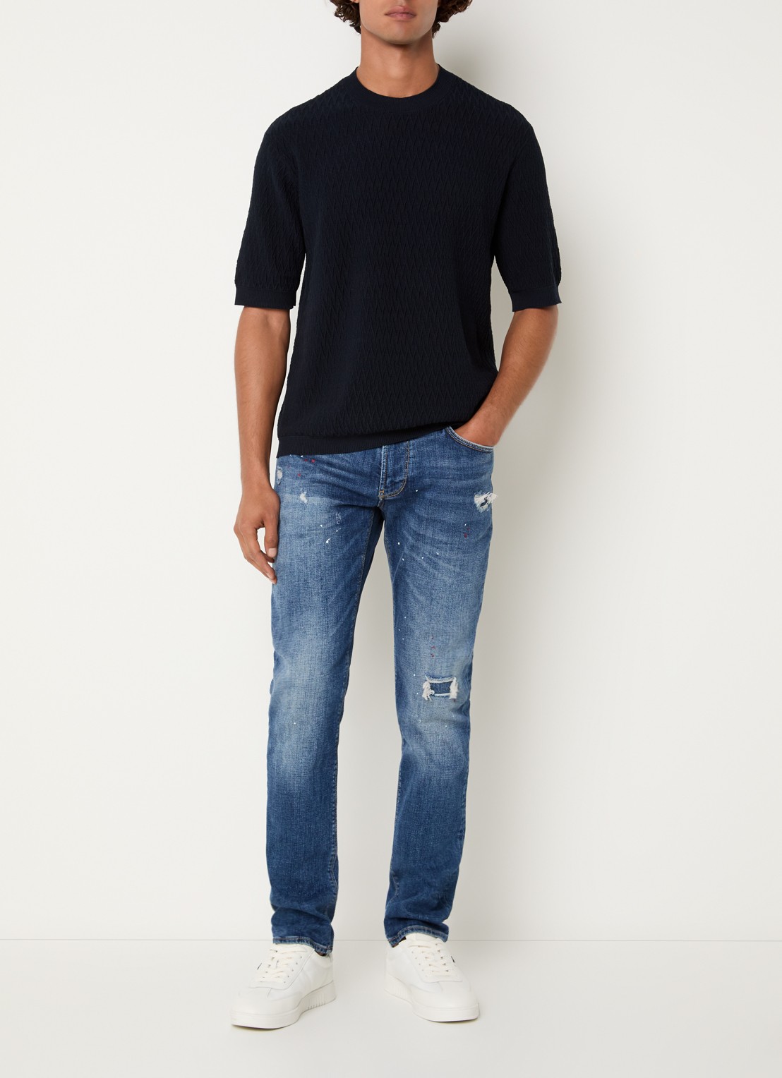 Armani T-shirt met structuur - voorkant 2 donkerblauw