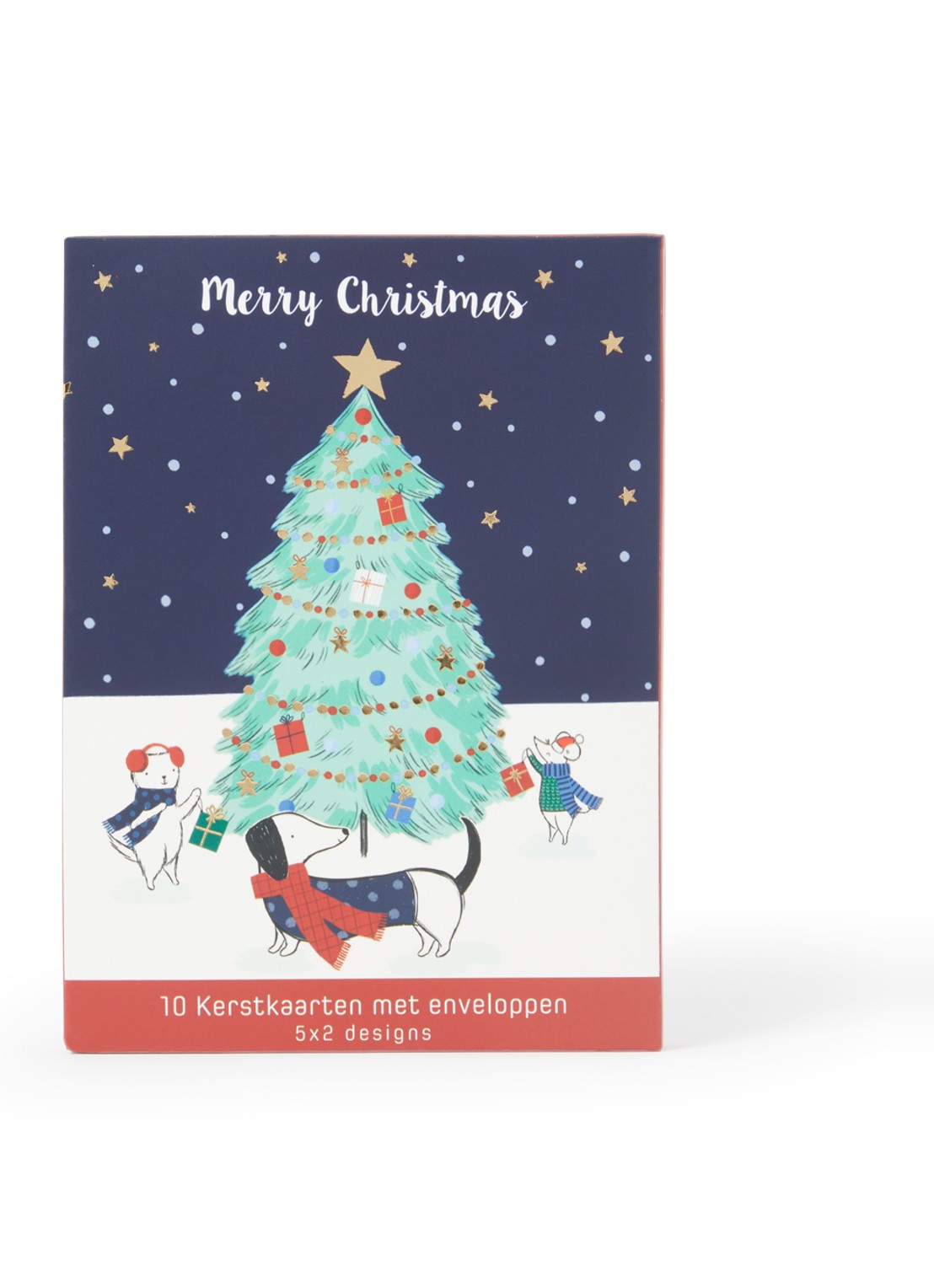 Art Group Dieren bij kerstboom en auto kerstkaart - 2 designs - set van 10 inclusief enveloppen - voorkant rood